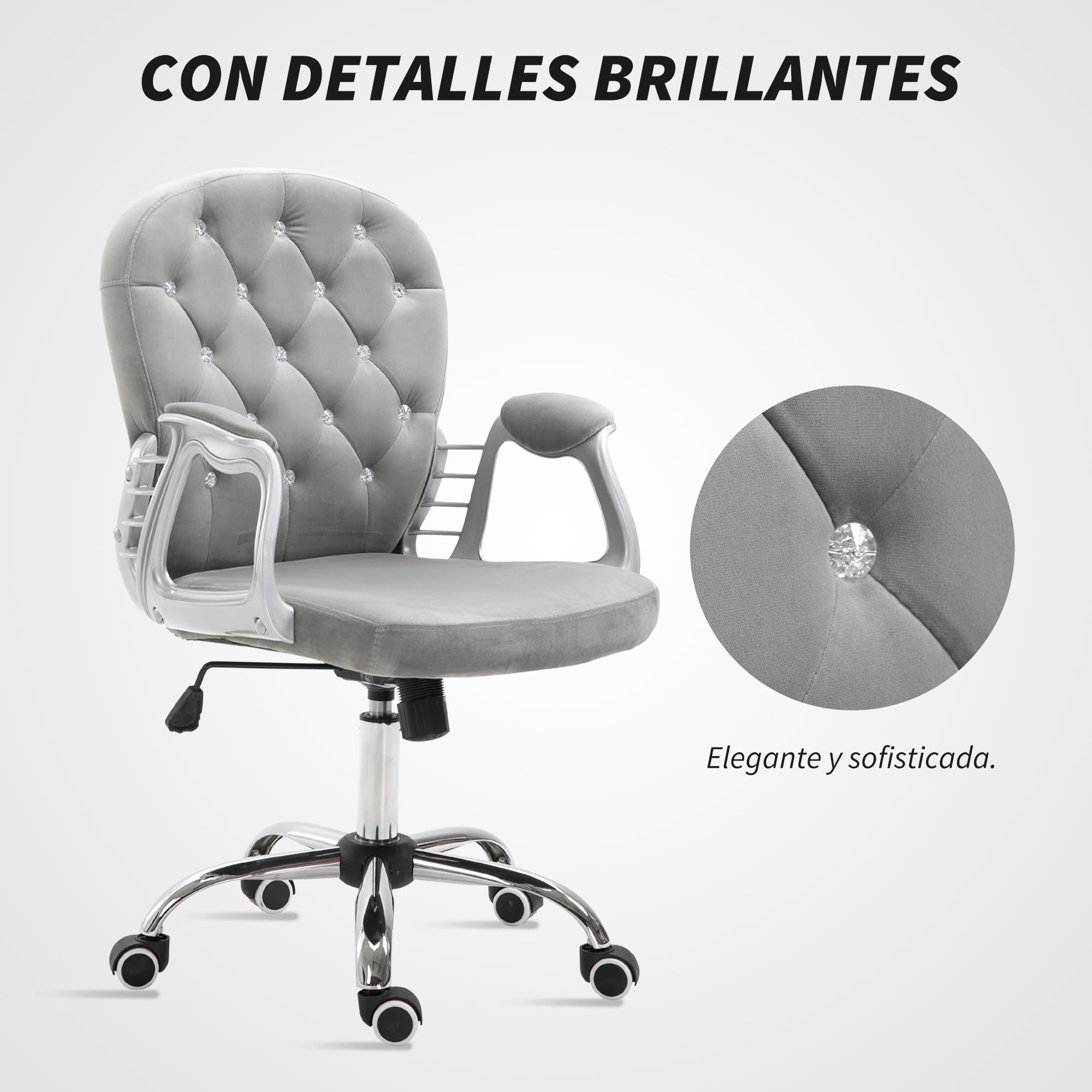 Vinsetto Silla de Oficina Giratoria con Altura Ajustable 120 kg Gris | Silla de Escritorio, Tapizada en Terciopelo, Reposabrazos, Decoraciones de Diamantes, para Estudio Dormitorio