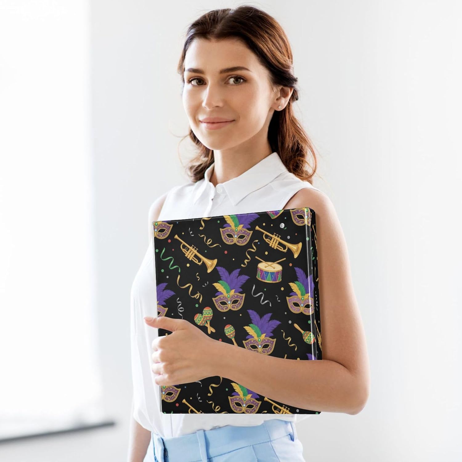 Mardi Gras Mask 3 Ring Binders, 1.5” Round Ring Binders with Clipboard - Letter Size, 3 Interior PVC Clear Pockets & Anti-Slip Clip for Office School Supplies, 2PCS