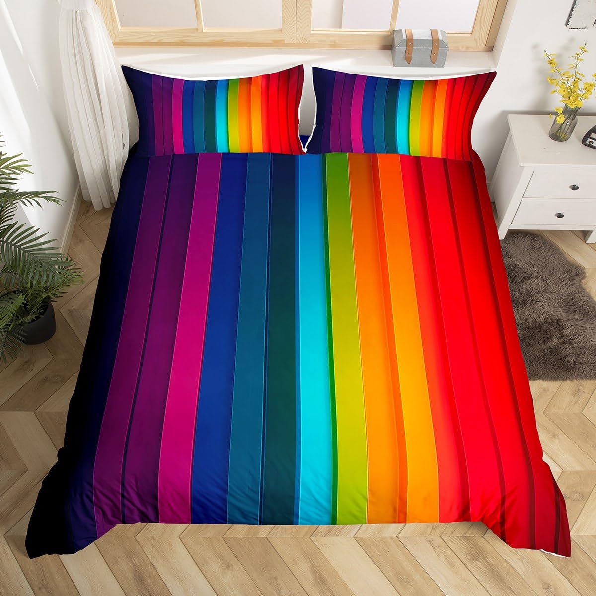Homemissing Rainbow Kids Bedding Set,Boys Girls Double Size,Pride Colorful Striped Duvet Cover Set,Abstract Aesthetic Duvet Cover with 2 Pillowcases,Iridescent Stripe Bright Rainbow Bedroom Decor