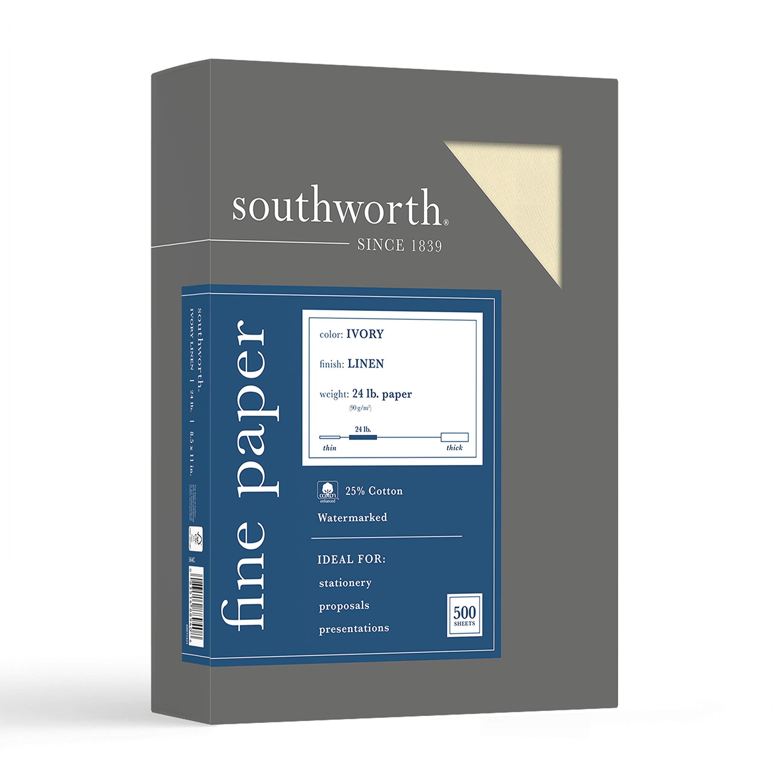 Southworth Fine Linen Paper, 20.05 Cotton, Size 24, Ivory, 500 Sheets (564C)