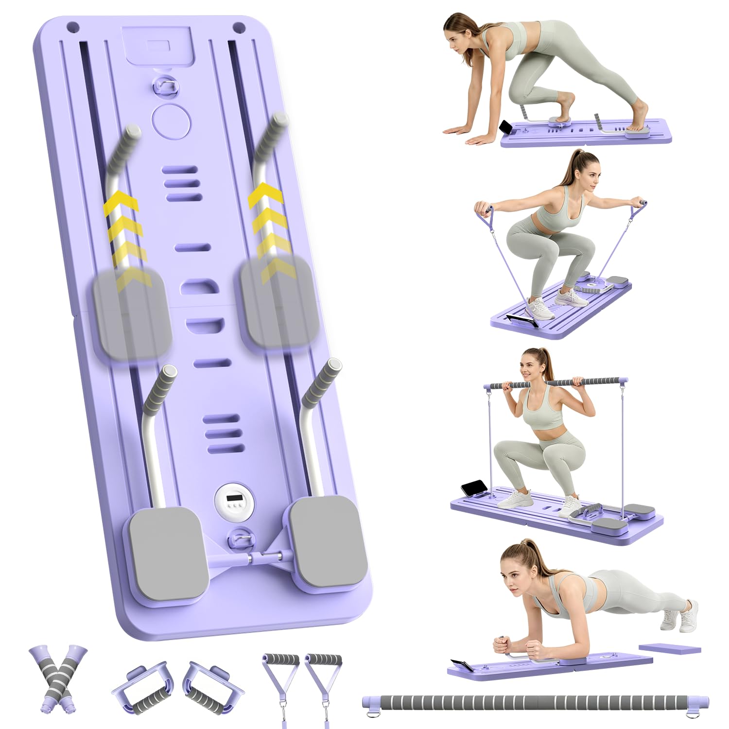 Pilates Reformer Board, Multifunzione 8 in 1 Pilates Reformer Pieghevole, Tavola da Pilates per Casa, Allenamento Completo, Rimbalzo Automatico, Barra da Pilates, Corda Elastica, Timer