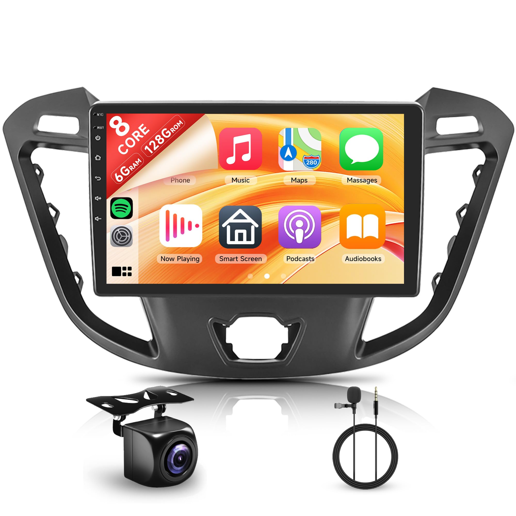 [6+128G 8 Core] Android Radio Coche para Ford Transit Custom Tourneo 2013-2018 9'' Pantalla con Carplay Android Auto Inalámbrico Nav. GPS WiFi Mirror Link Bluetooth FM/RDS/EQ/DSP SWC Cámara Trasera