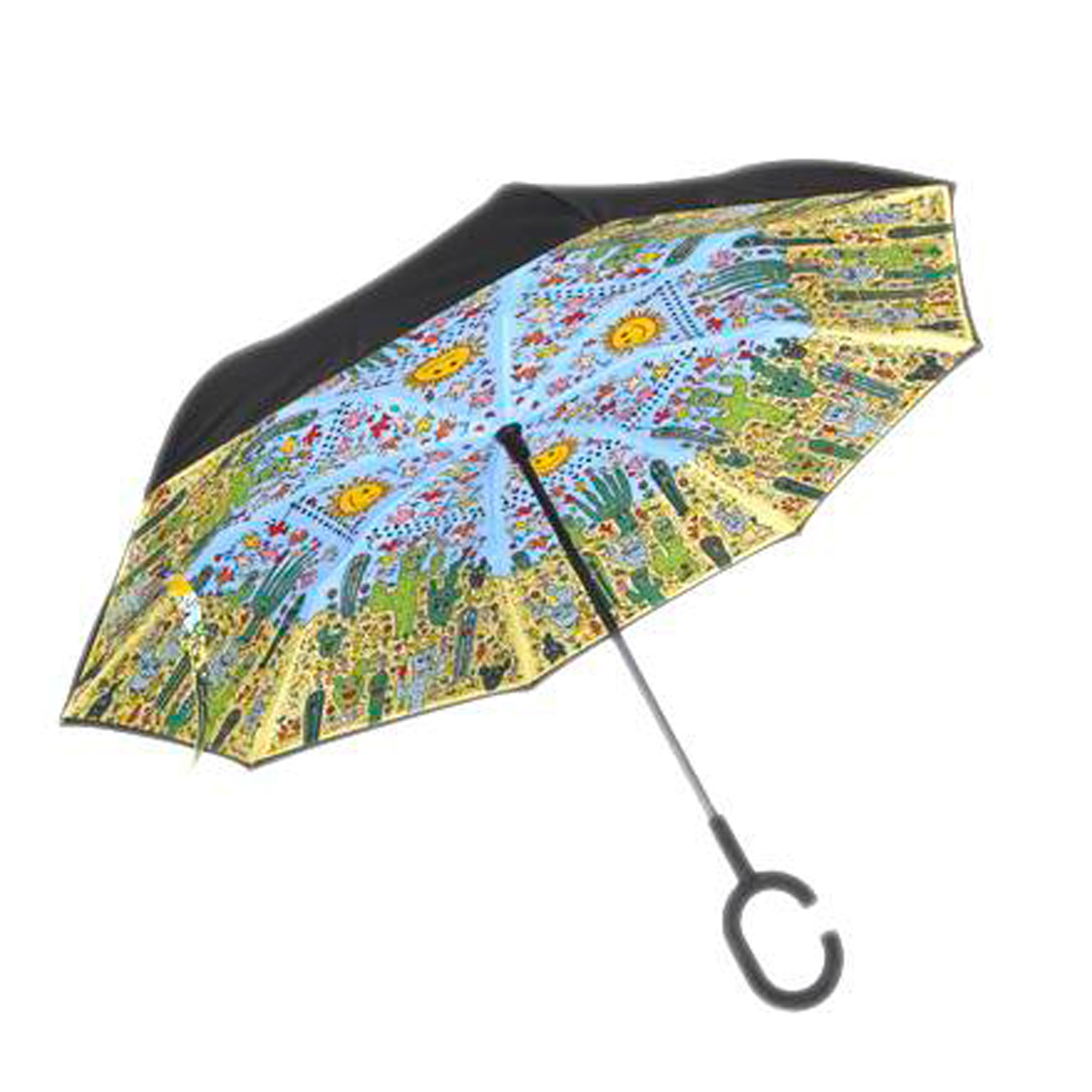 Goebel Upside-Down Schirm „Desert Life“ von James Rizzi – Stockschirm mit Innenfaltung, Pop Art Design, Ø 108 cm – zweilagig & manuell, 10 x 5 x 80 cm