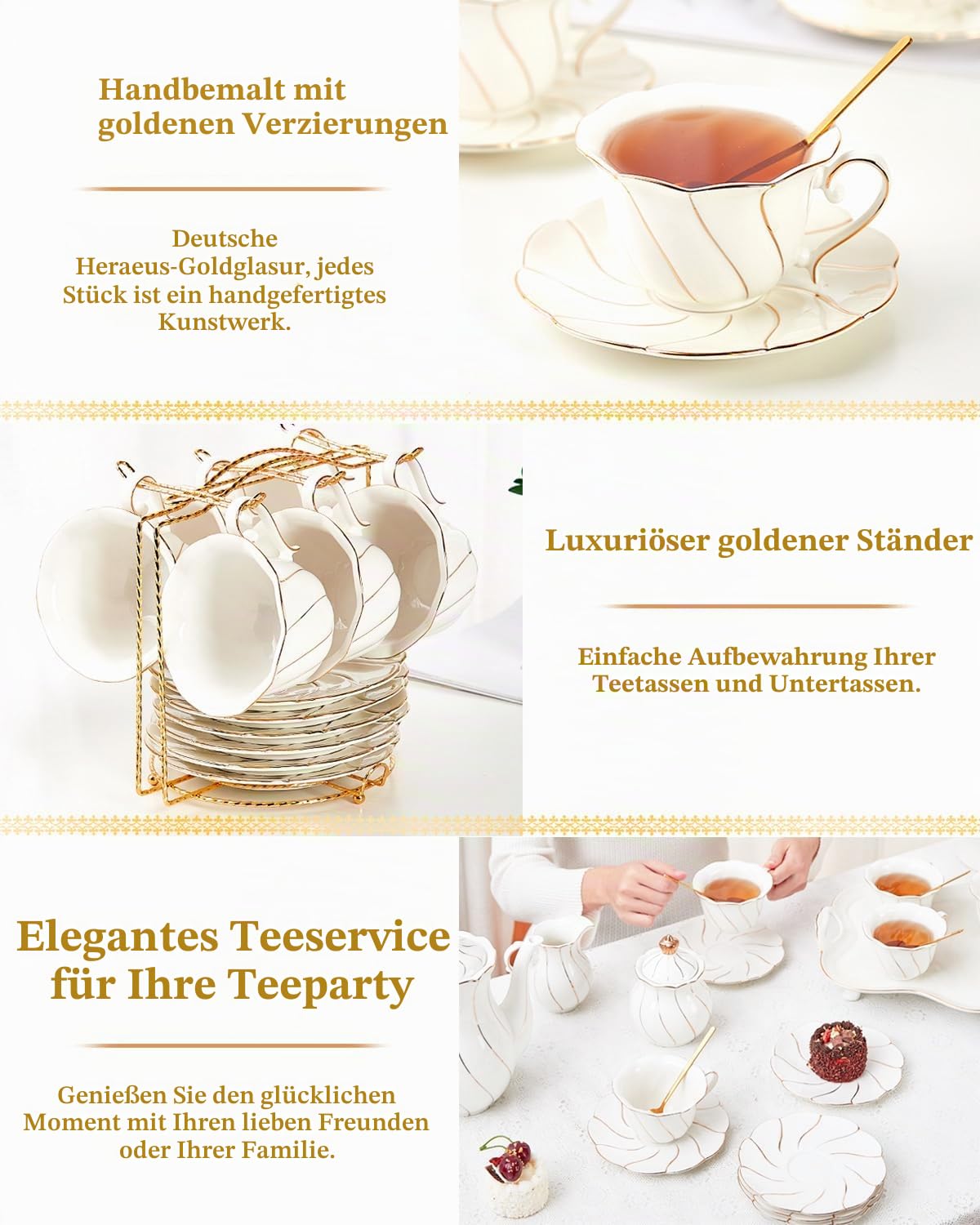 DUJUST 22-teiliges weißes Porzellan-Tee-Set für 6 Personen, luxuriöses Tee-/Kaffeetassen-Set im britischen Stil mit goldenem Rand, Tee-Party-Set, Geschenkpaket (inklusive Ständer) – Weiß