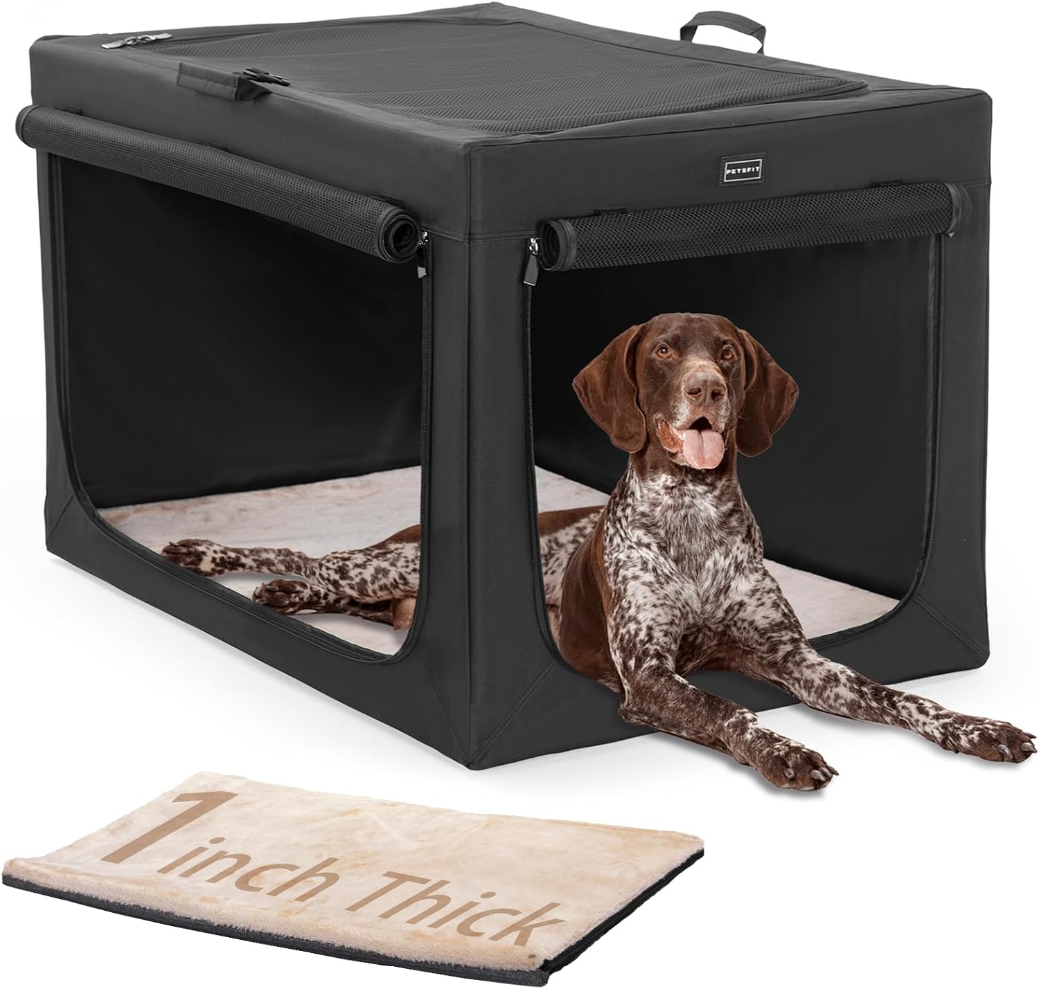 PETSFIT Portable Dog Crate for Large Dogs, – 40" Soft Dog Travel Crates with Lockable Zippers & Thicken Mat, Adjustable Patented Spiral Steel Frame, Collapsible Kennel for Indoor & Outdoor