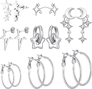 Quelay 8 Pairs Silver Dangle Hoop Earrings Punk Y2k Star Moon Stud Earrings | Punk Y2k Goth Gothic Dangle Huggie Earring, Moonstone Moon Star Heart Tassel Chain Drop Earrings, for Christmas Birthday