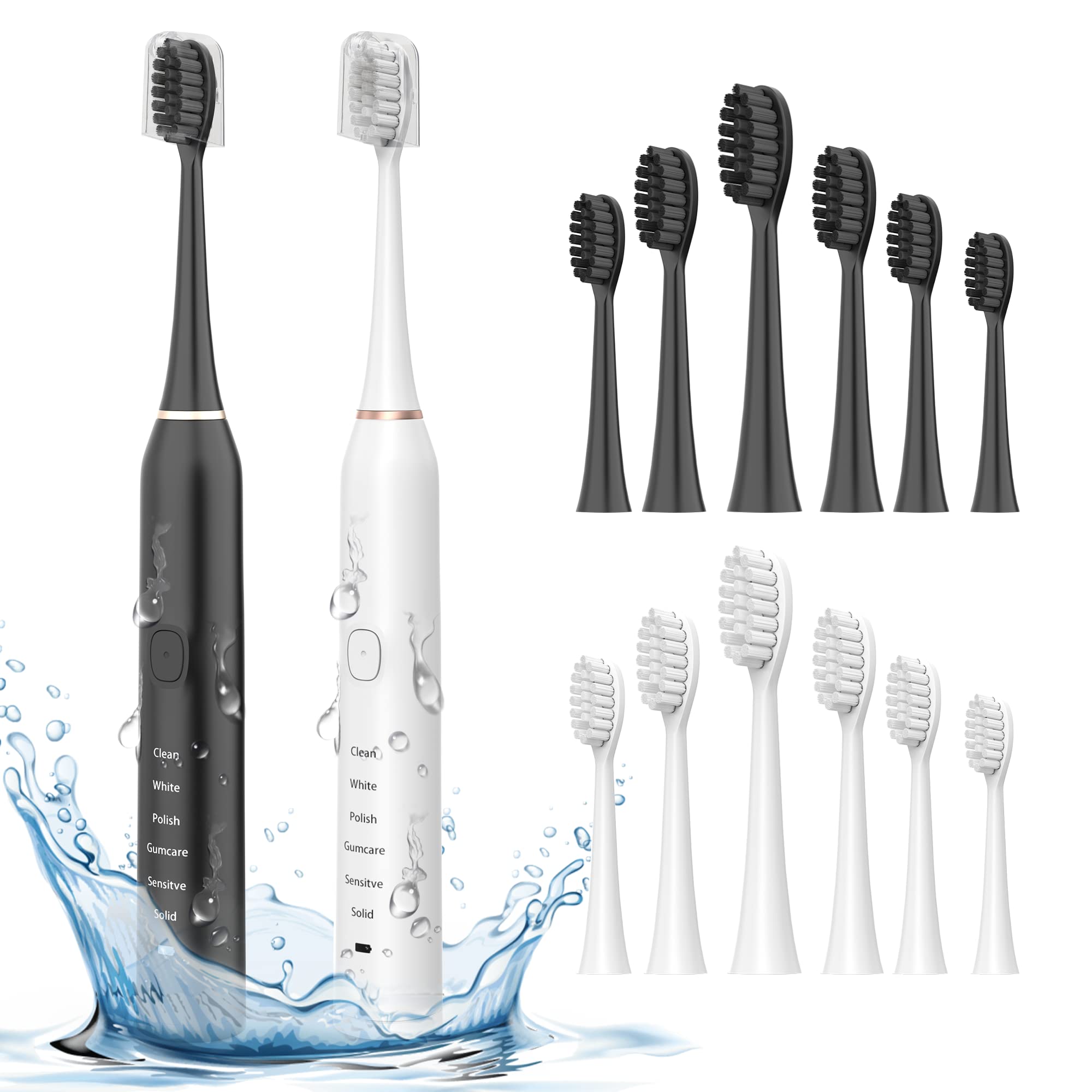 BUBBLE-FLY Electric Toothbrushes 2 Pack，Electric Toothbrush Includes 12 Dupont Brush Heads，6 Modes with 2 MIN Smart Timer，38000VPM, Black & White