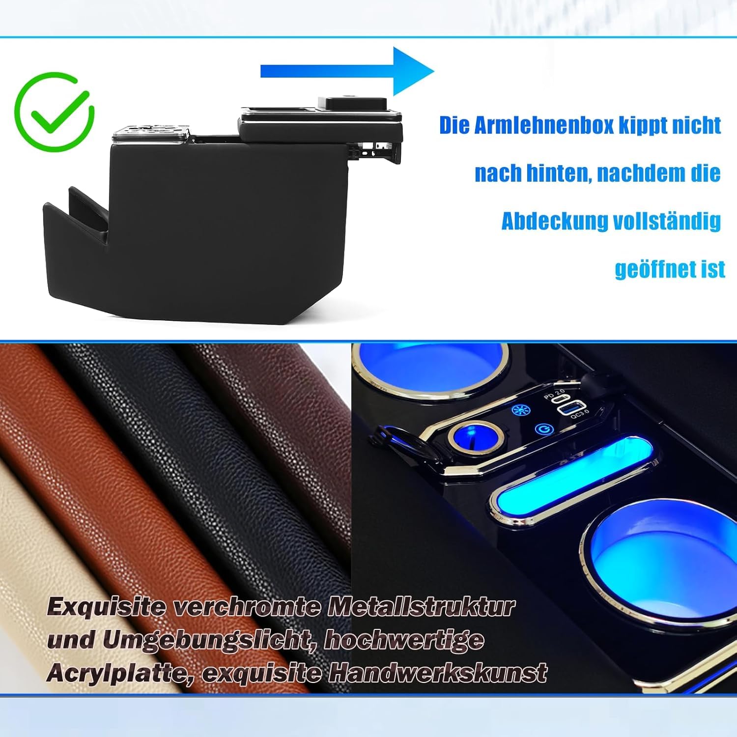 Armlehnenbox Aufbewahrungsbox mit Kabelloses Laden 7-farbigem Umgebungslicht und 4 Helligkeitsstufen passend für Mercedes-Benz V-Klasse V220 V260 V250 W447 [EU-Patent]