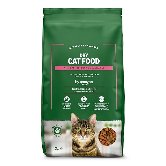 by Amazon - Alimento seco Completo para Gatos Adultos con salmón, atún y Verduras, 1 Pack de 10 kg