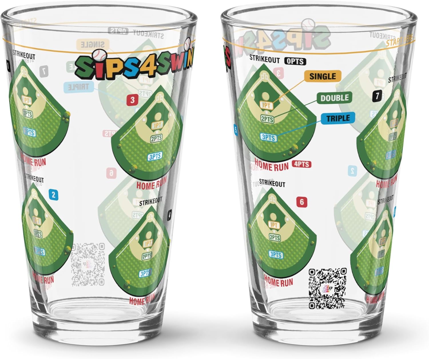 Sips4Swings - Pint Glass Baseball Game - Gifts for Ball Players Drinking Game with A Baseball Twist (2 Pack)
