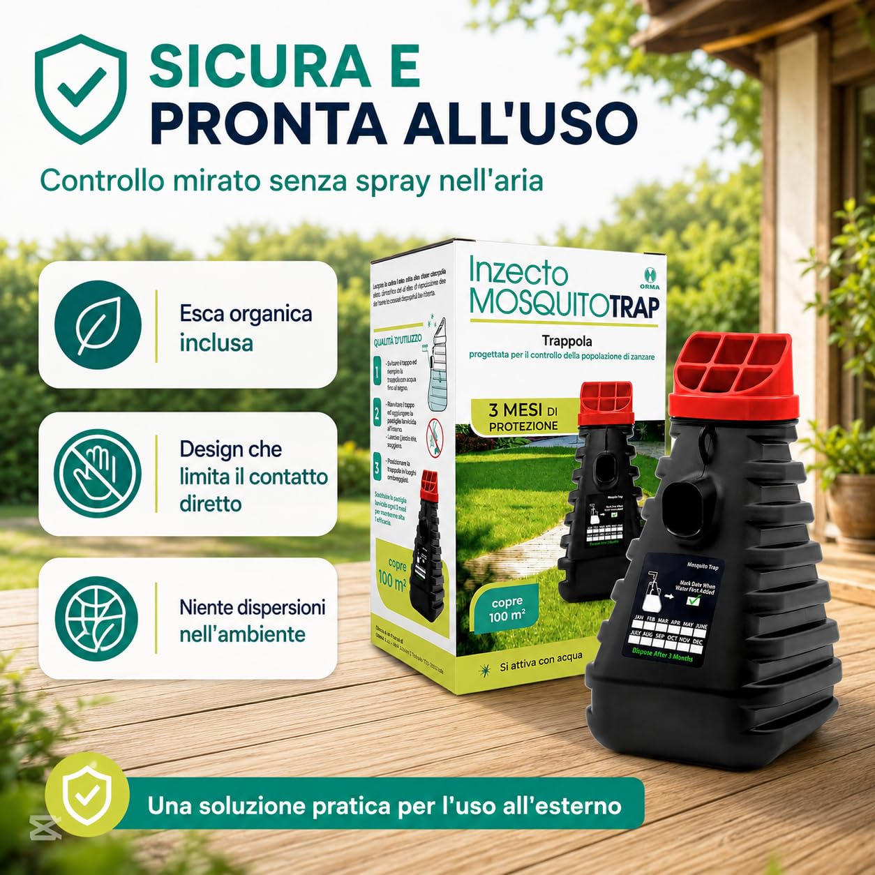 MOSQUITO TRAP | 1 PZ Trappola Zanzare Esterno Efficace 3 Mesi - Larvicida e Adulticida con Tecnologia a Rilascio Lento - Copertura 100mq - Esca Organica Inclusa - Antizanzare Prodotto