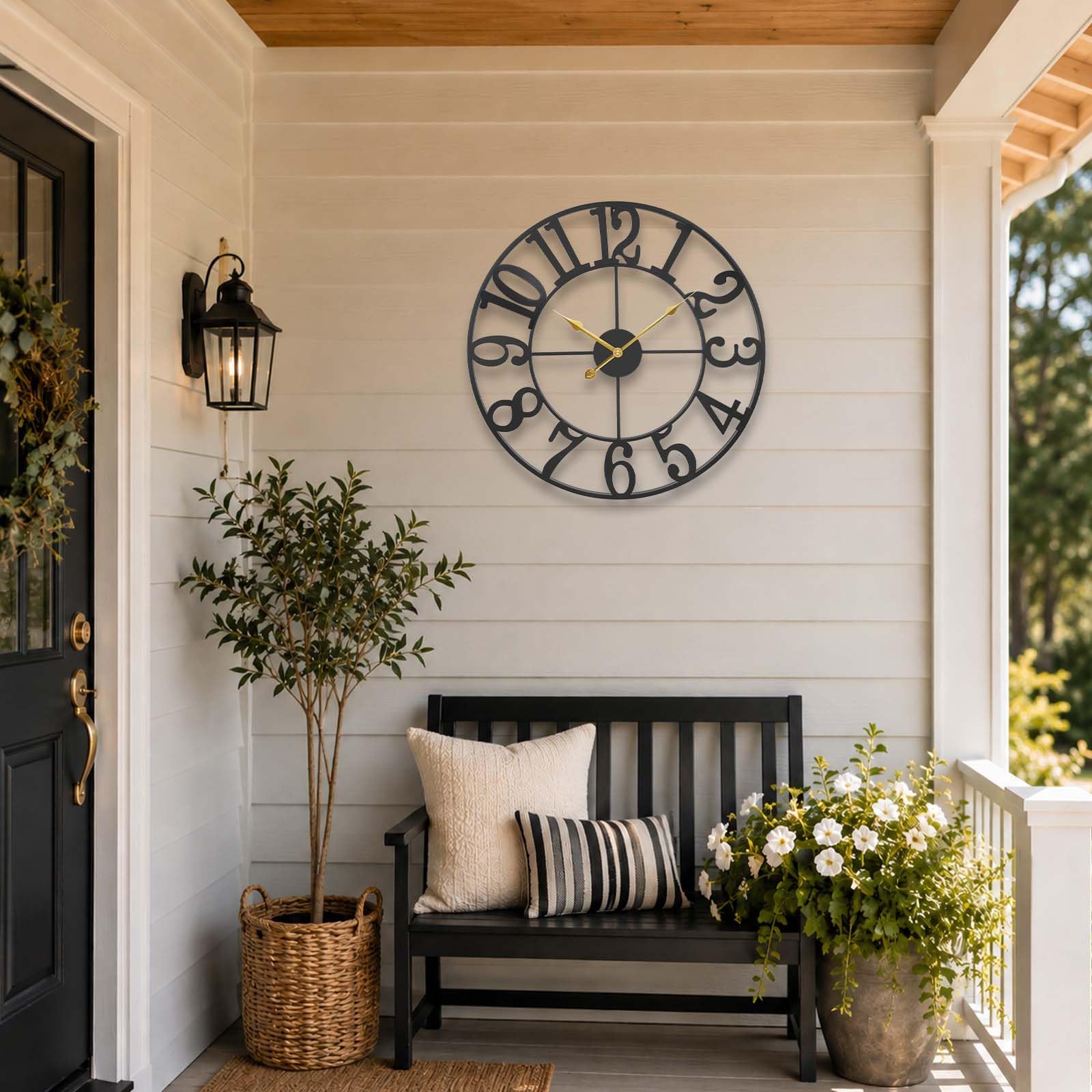 Grande horloge d'extérieur étanche de 76,2 cm pour terrasse – Horloge extérieure arabe pour patio, porche, piscine – Horloge murale décorative rustique en métal noir avec mouvement à quartz