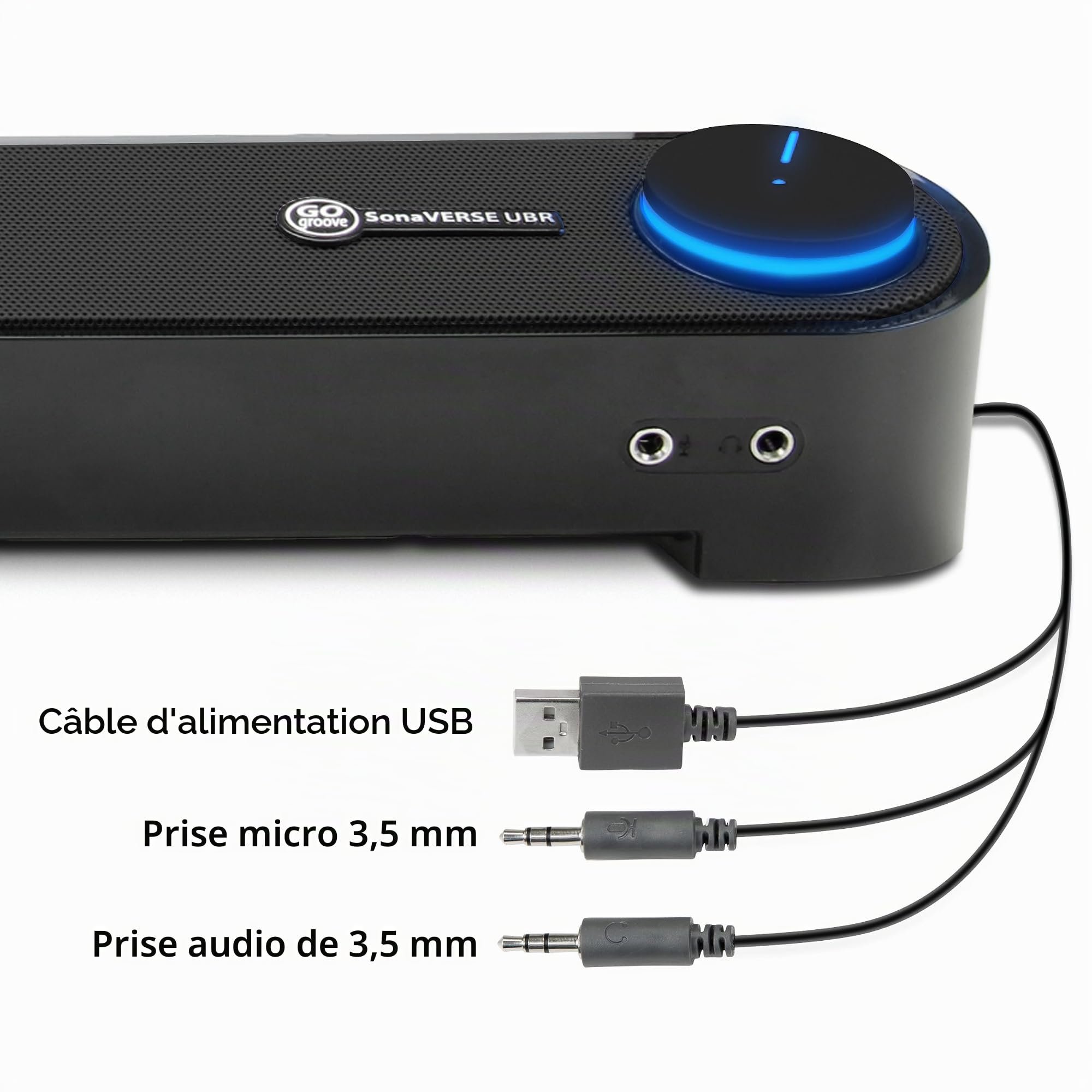 GOgroove Barre de son pour PC - Haut-parleur stéréo portable 2.0 avec ports audio intégrés, bouton d'alimentation LED éclairé, alimentation USB, pour PC, ordinateurs portables et ordinateurs portables