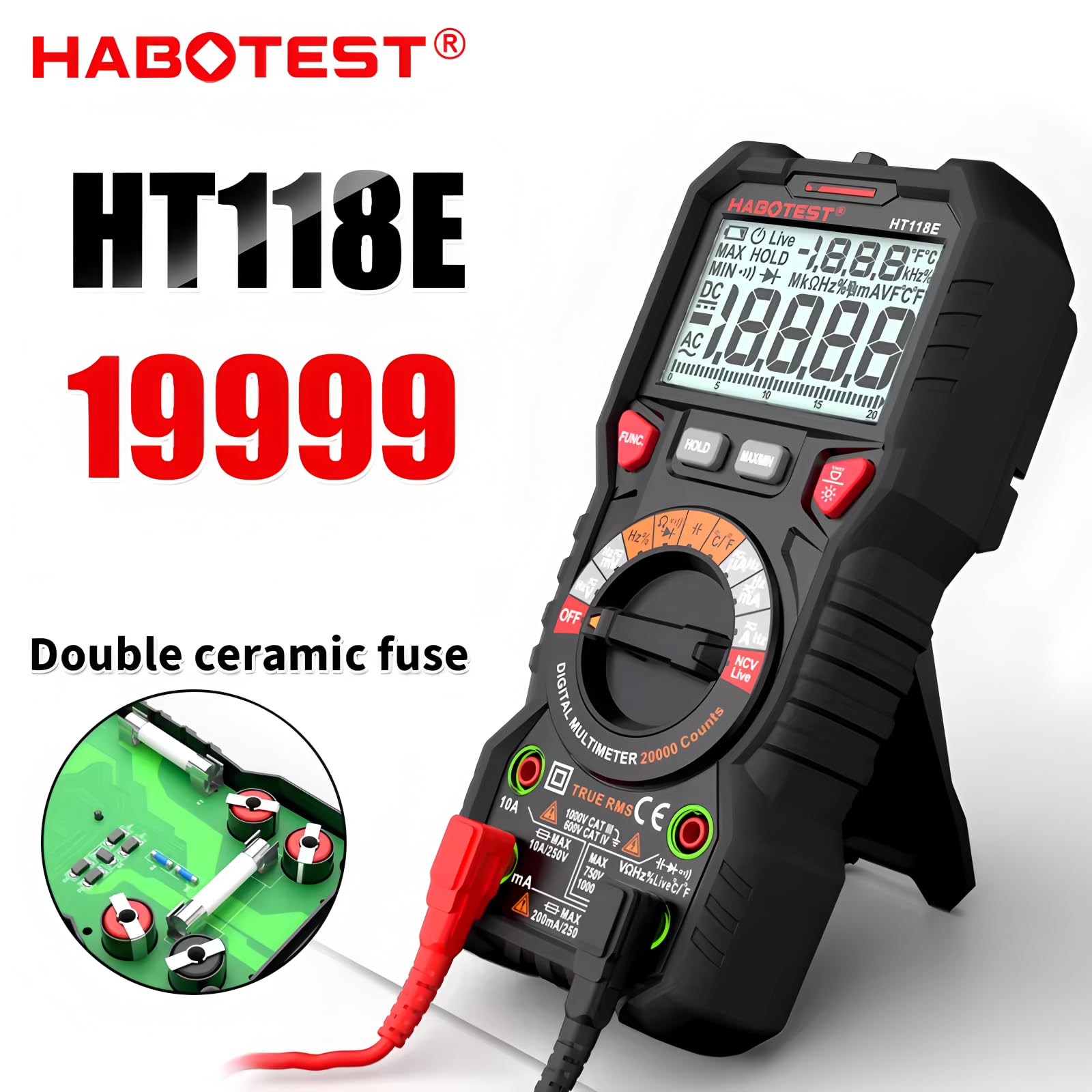 Multimetro Digitale HT118E True RMS 1000V AC/DC 6000 Conti Voltmetro Range Automatico NCV Hz Diodo ohm Tester Multimetro (HT118E)
