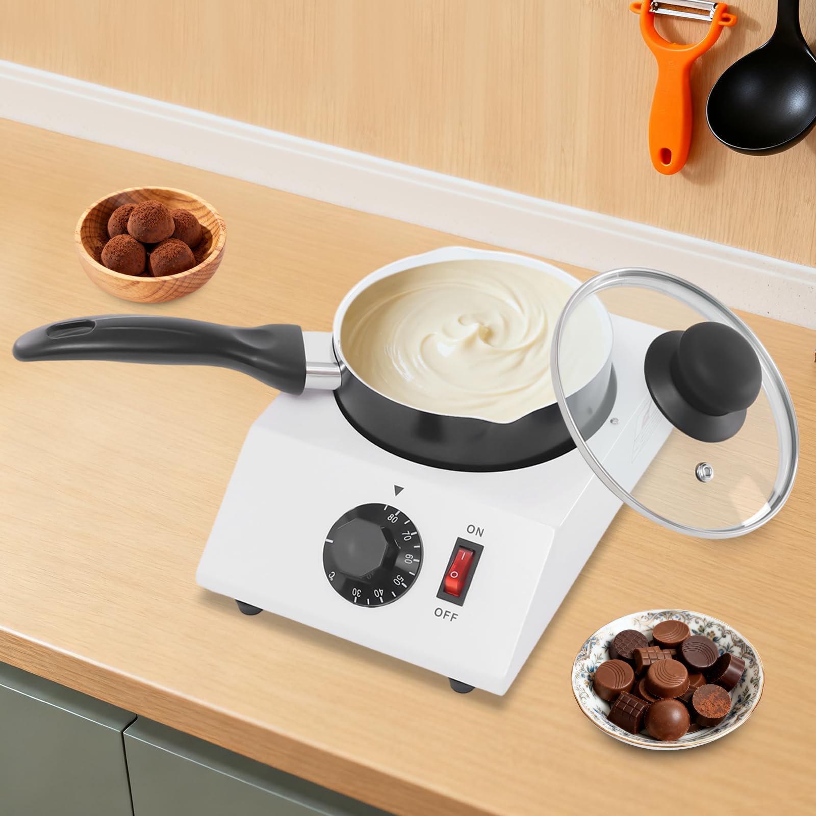 Derretidor de chocolate eléctrico, derretidor de chocolate eléctrico, máquina de fusión de chocolate con tapa, 40 W, 30-85 °C, para chocolate, mantequilla, queso