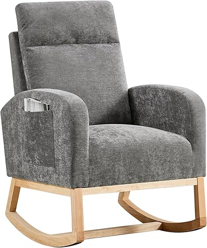 Miniatura 8 de Mecedora, moderna silla deslizante, sillón reclinable con patas de madera y bolsillo lateral, silla mecedora para guardería con respaldo alto para