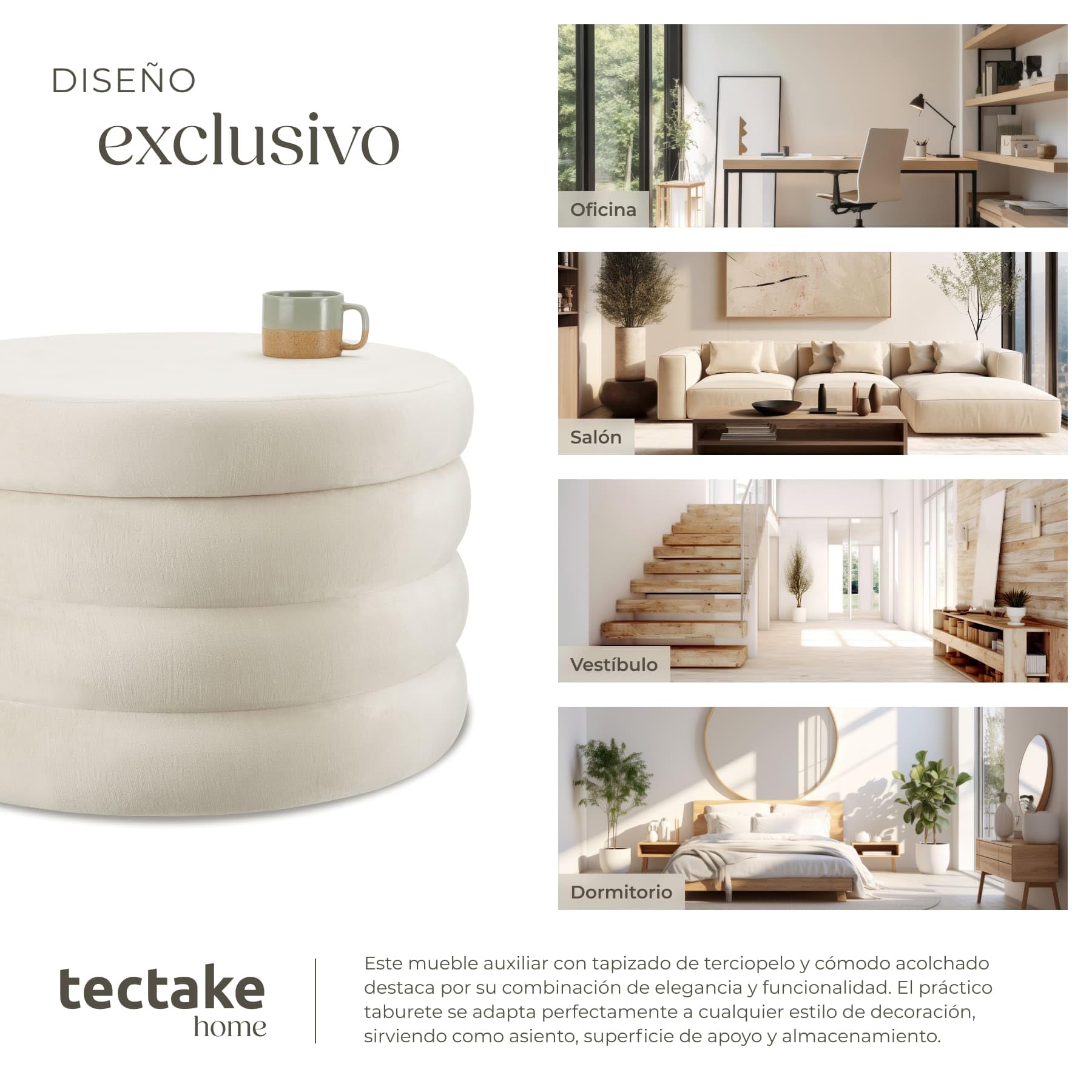 tectake® Taburete Almacenaje Bouclé, Carga: 150 kg, MDF, Puff Almacenaje, Taburete Dormitorio, Reposapies Puff, Zapatero Entrada Recibidor, Asiento Acolchado, Ideal Salón - 67 x 42 cm Blanco/Crema