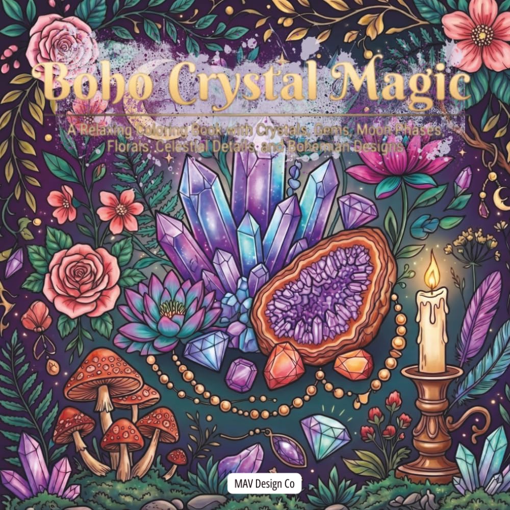 Boho Crystal Magic: A Relaxing Coloring Book with Crystals, Gems, Moon Phases, Florals, Celestial Details, and Bohemian Designs"