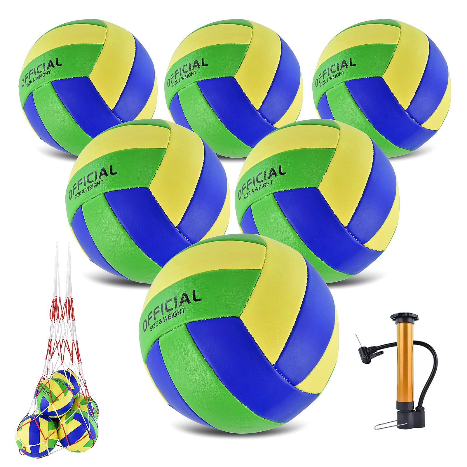 ELKCIP 6 Pack Volleyballs Official Size 5, Soft Bulk Recreational Volley Balls with Pump and Net Bag for Indoor Outdoor Beach Pool Water Sand Game Training Match Gift for Beginner Women, Green