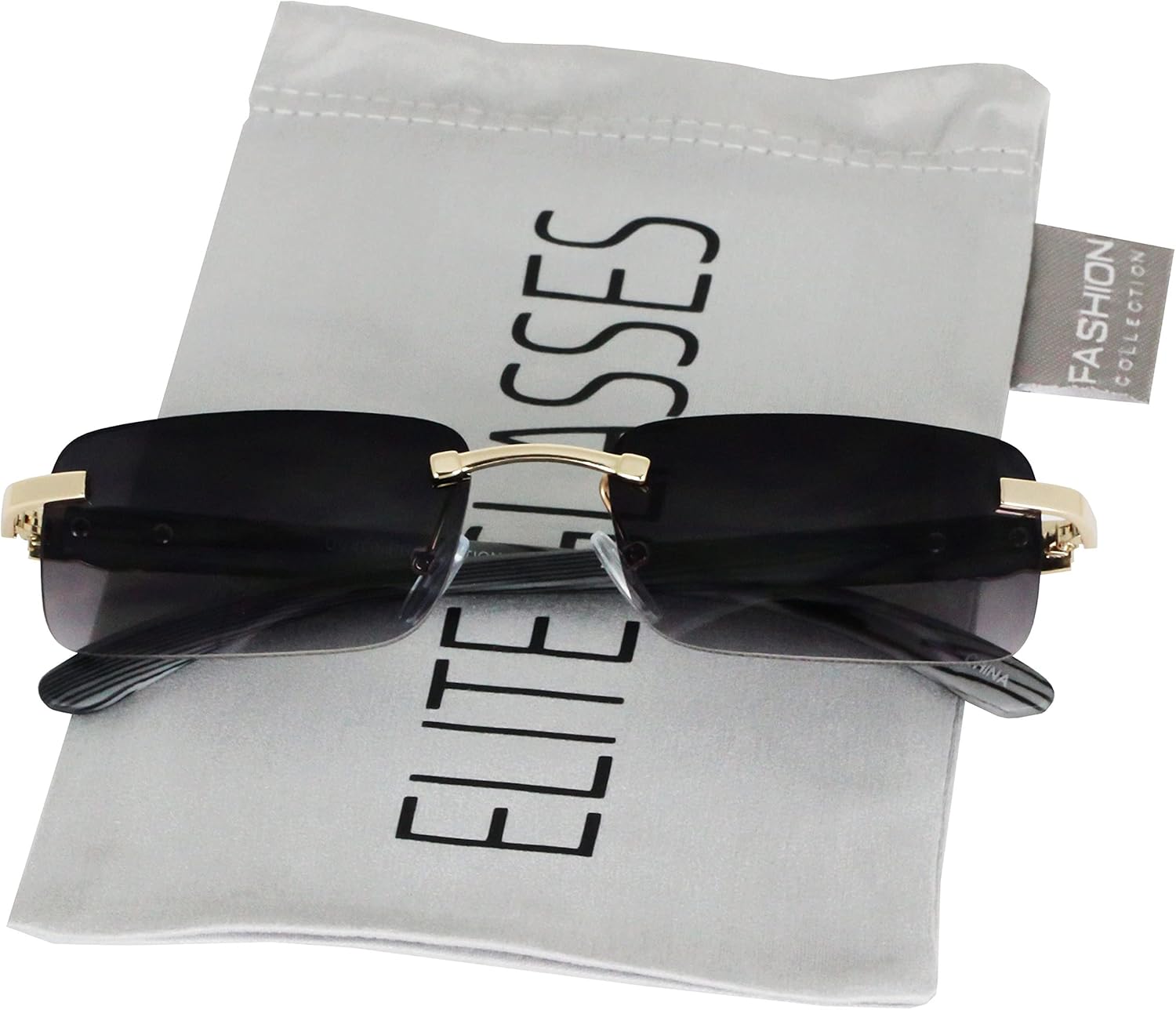 Elite Slim Rimless Rectangular Metal & Wood Art Aviator Sunglasses - Image 3