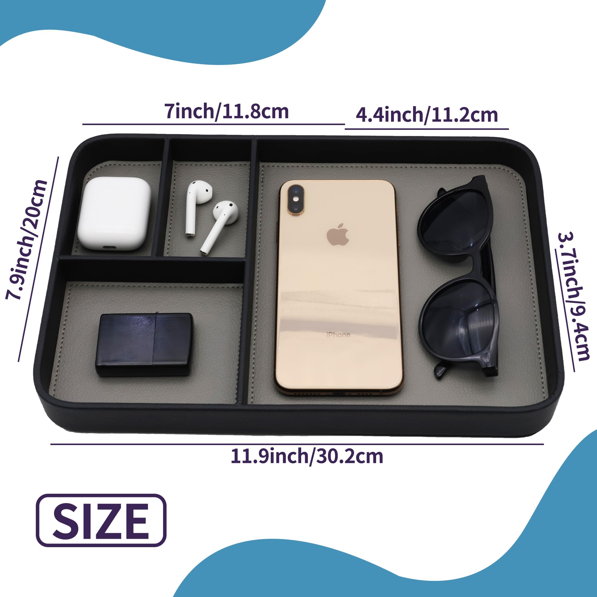 PU Leder Valet Tray, Stilvolle und organisierte Eingangsbereich Nachttisch Tablett, EDC Catchall Tray für Telefon Schlüssel Uhr Geldbörse Schmuck (Schwarz)