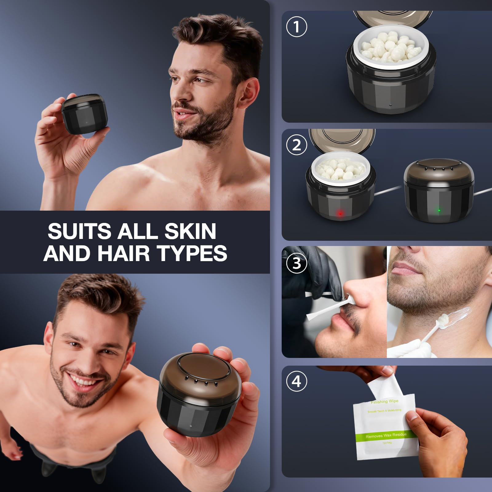 Nose Wax Kit Men, Nose Hair Removal Kit with Built-in Mini Wax Warmer, Ear Hair Removal for Men, 100g Beads, 50 Depilation Sticks, 20 Beard Guards, USB Fast Heating & Constant Temperature