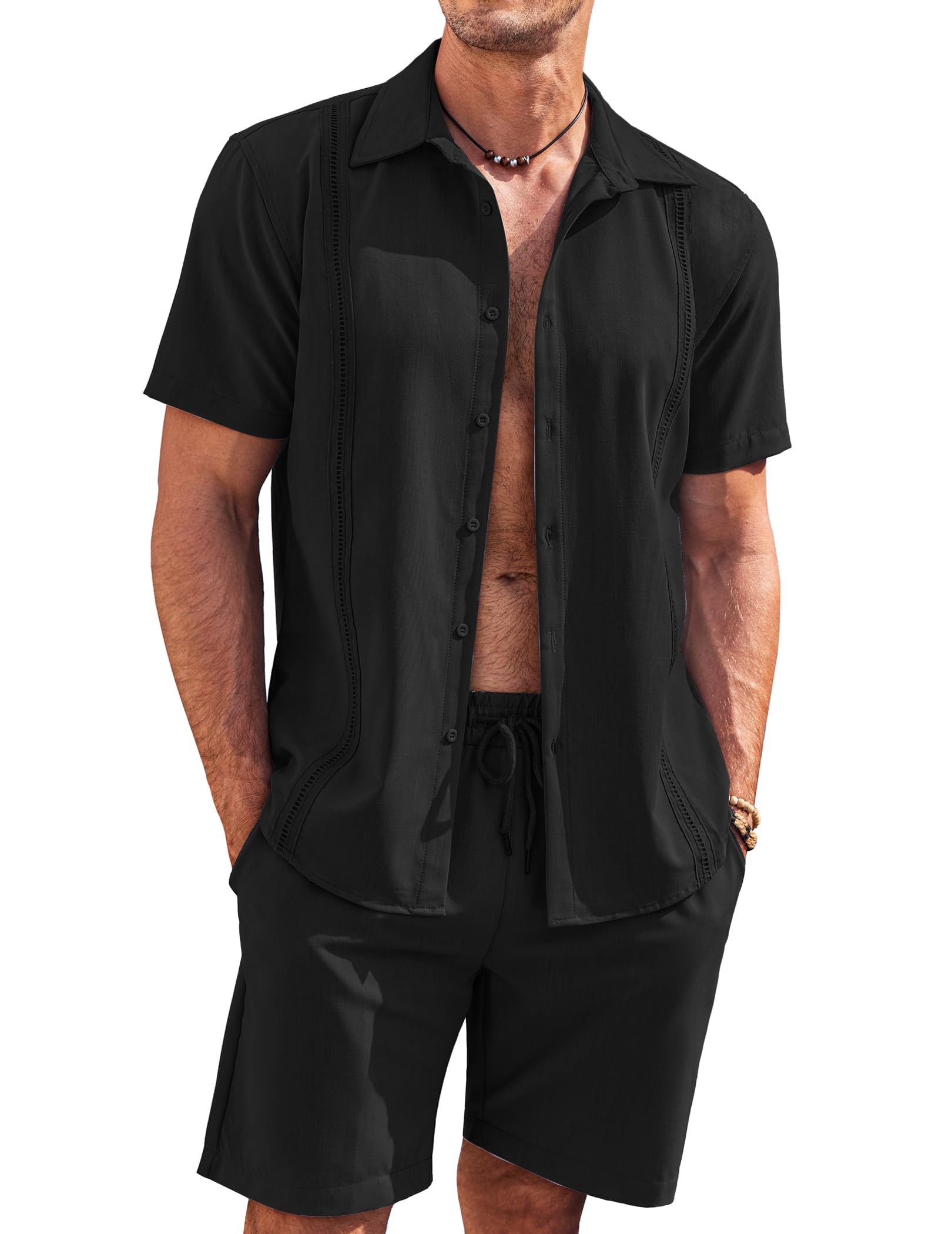 COOFANDY Men's 2 Piece Short Set Cuban Guayabera Shirts Short Sleeve Casual Beach Outfits Set