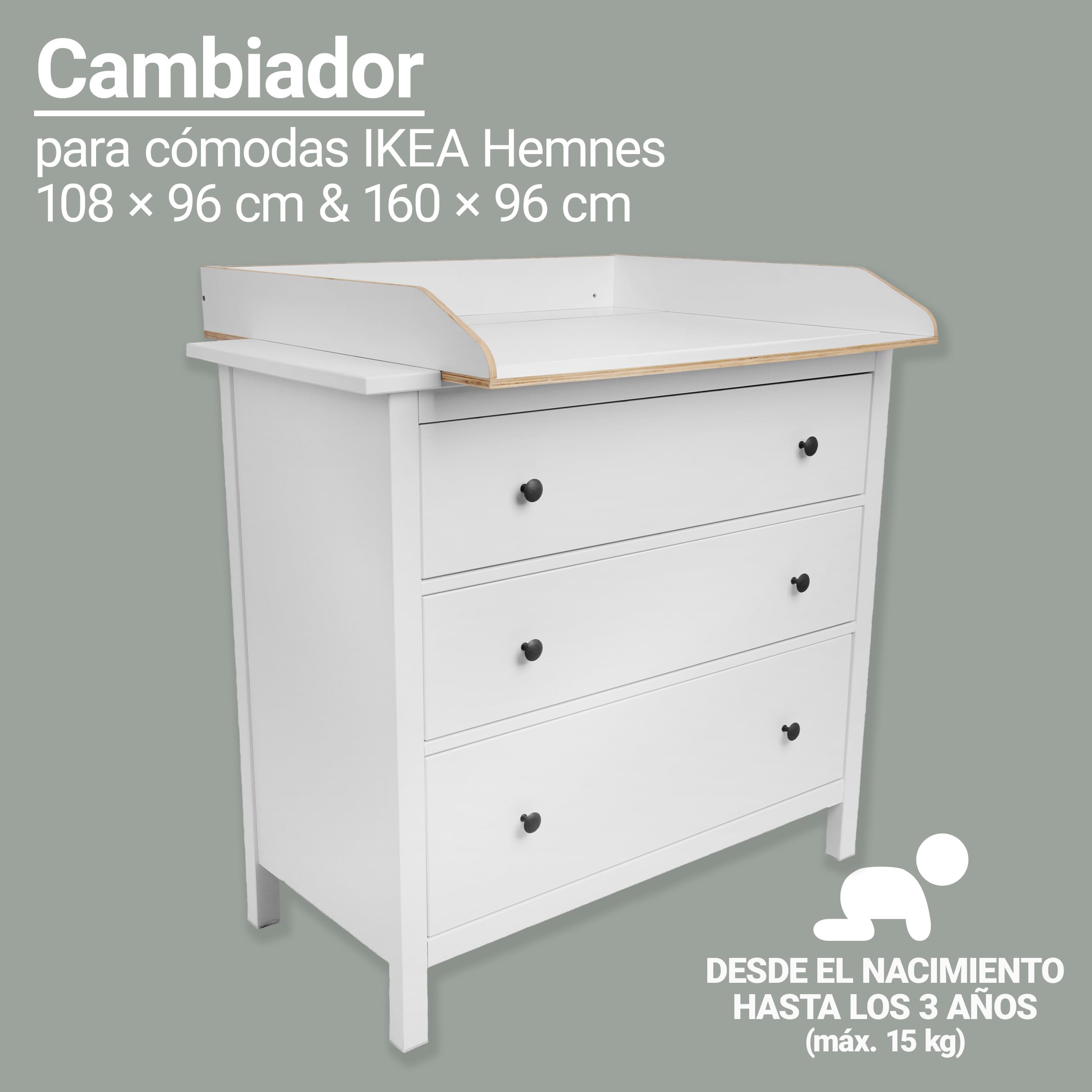 Jonka Adaptador para Cambiador Hemnes IKEA Cómoda de 108 y 160 cm | Cambiadores Bebé de Madera Natural para Cómodas | Certificado Bajo Normativa de Seguridad Europea DIN EN 12221 – Blanco