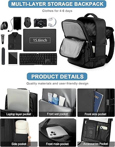 Miniatura 7 de VGCUB - Mochila grande para viaje, trabajo, negocios, mochila para laptop aprobada como equipaje de mano para vuelos, unisex, Negro -, Grande, Large