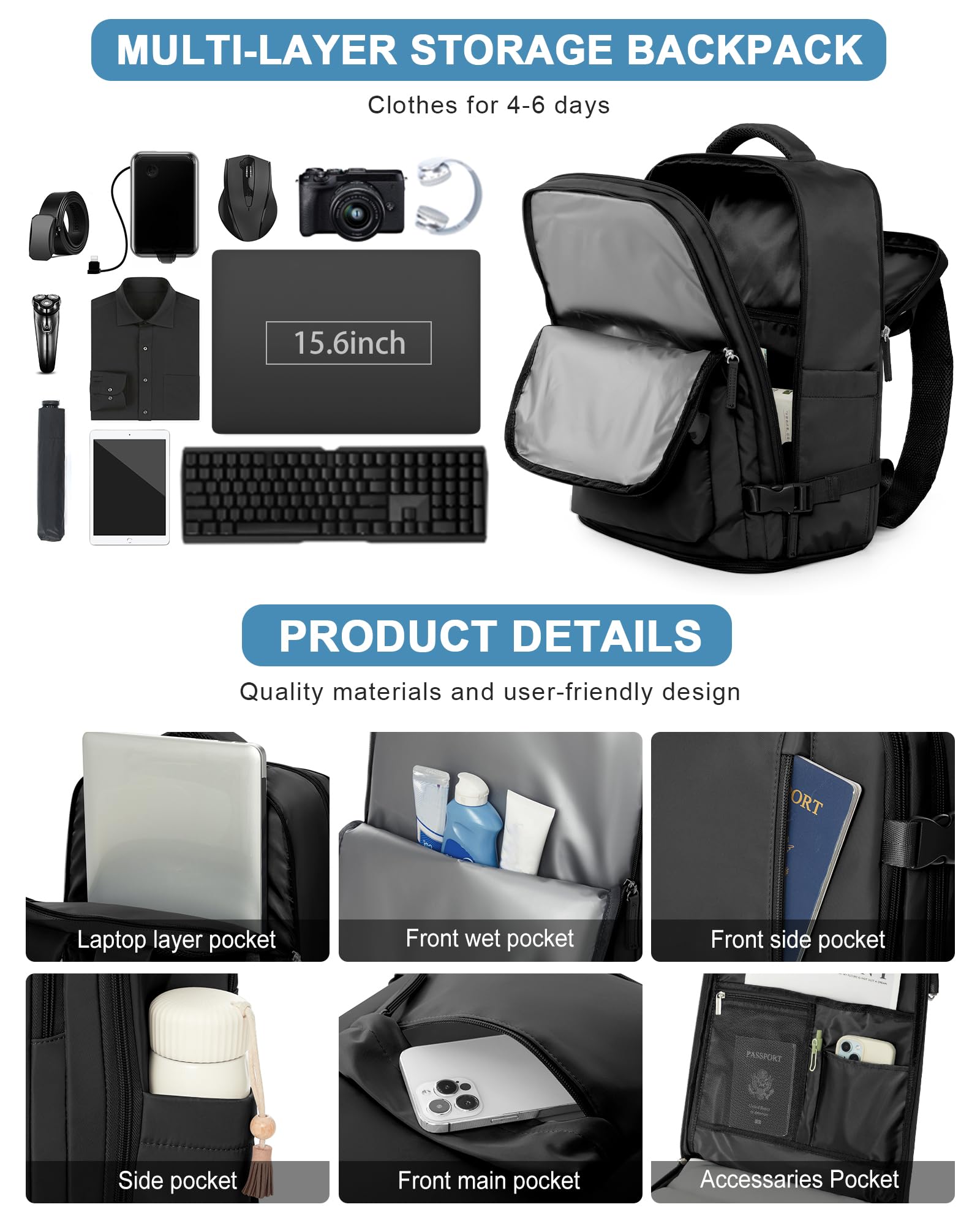 VGCUB Carry on Travel Backpack for Women Men Large Laptop Gym Work Frontier Airlines Personal Item Bag Business Airport Lightweight Backpack Flight Approved Mochilas de Viaje Black — view 7