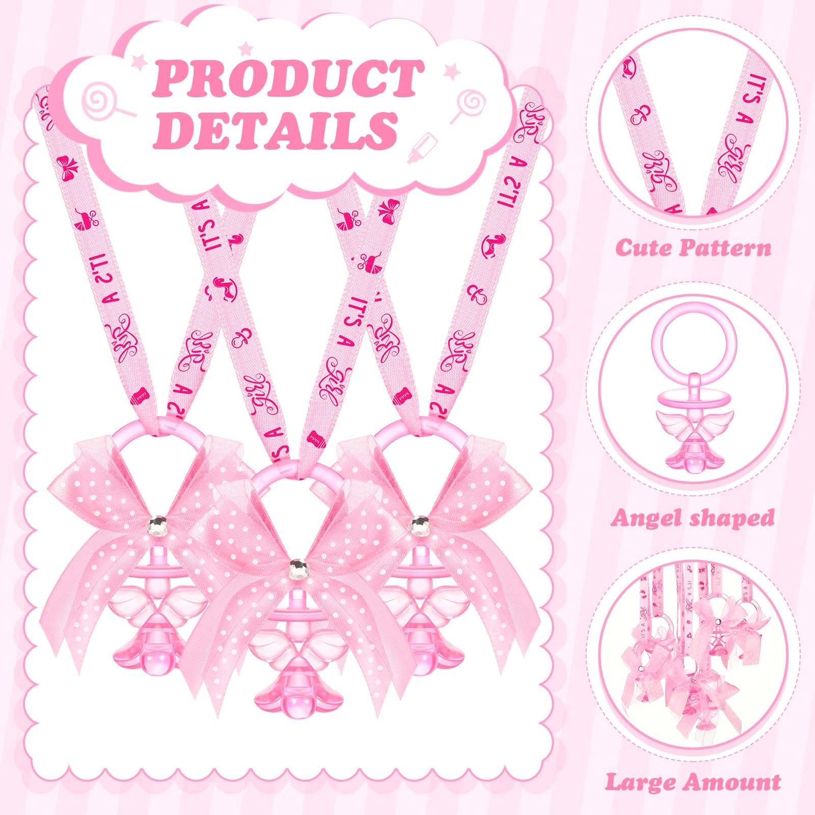 Tondiamo 60 Pcs Angel Baby Shower Pacifiers Necklace Acrylic Pacifiers Charm Gender Reveal Party Decorations for Guests Baby Shower Party Table Scatter Supplies(Pink)