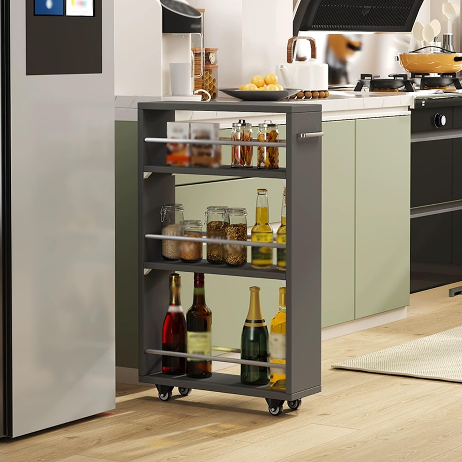 XPLKQXE Carrello di Stoccaggio Stretto, unità di Scaffalatura A 3 Livelli con Ruote, Organizzatore di Scaffale Stretto per Cucina, Sala da Pranzo, Lavanderia(Grigio Scuro,25x55x80.5cm)