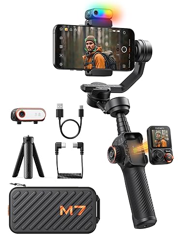 Hohem iSteady M7 Smartphone Gimbal Stabilizer, AI Tracking Sensor with Fill Light, 1.4" Full Color Detachable Touchscreen Remote Control, Built-in Extension Rod, 3-axis Phone Gimbal for iPhone Android