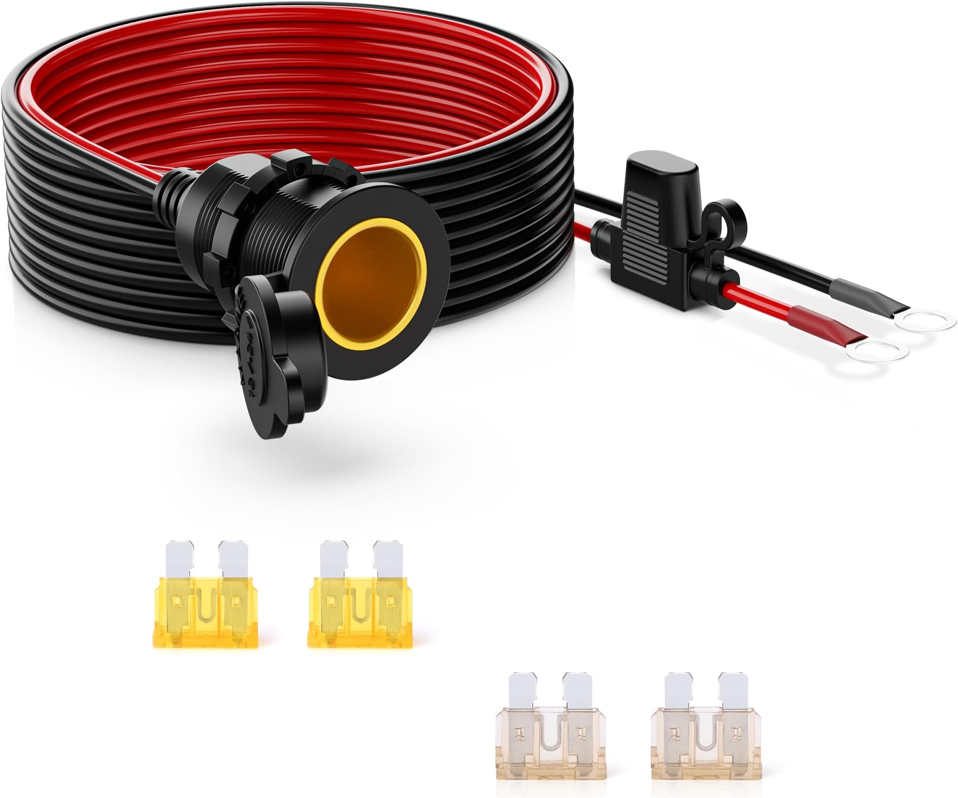 Erato Sigarettenaansteker, 12 V, verlengkabel, 1 m, 14 AWG, 20 A, zekering, auto, sigarettenaansteker, aansluiting, 12 V/24 V, adapter met voor boot, motorfiets, auto