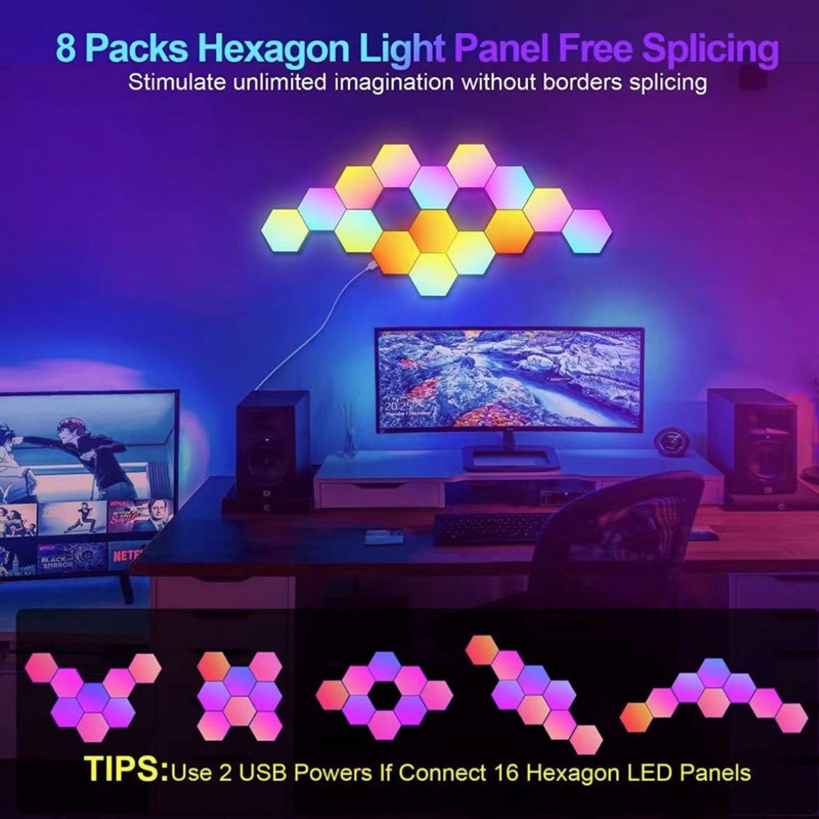 Pannelli Luminosi Esagonali da 8 Pezzi, Controllo Vocale, Sincronizzazione Musicale, Luci LED Esagonali RGB, Luci da Parete con App Bluetooth e Telecomando, Luci da Gioco LED