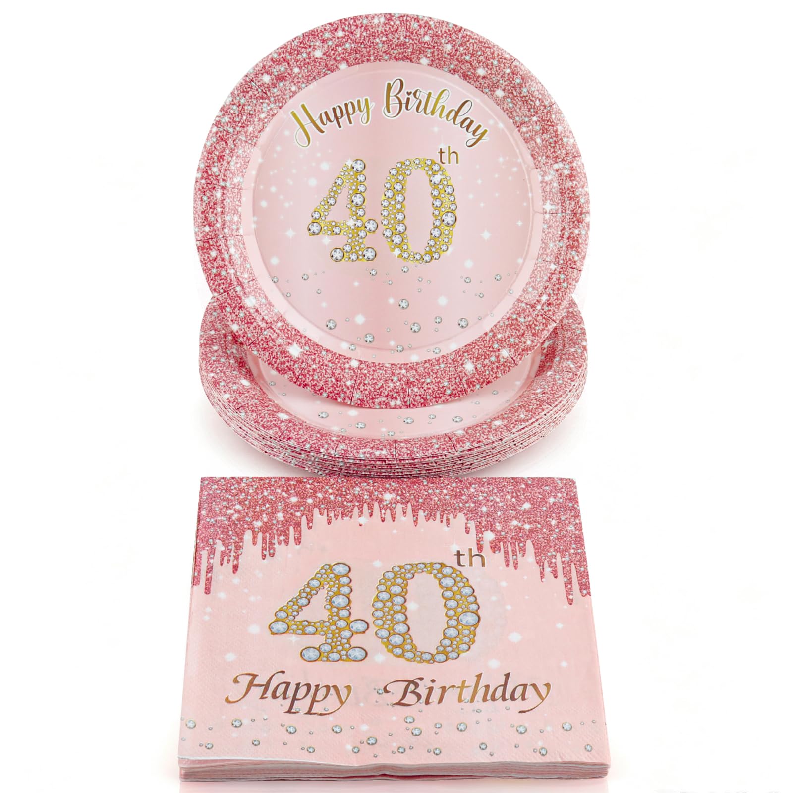 FUNCANDLE 40Pcs 40th Birthday Party Supplies, Rose Gold Diamond Disposable Paper Plates and Napkins Set, Serves 20 Guests, Happy 40th Birthday Table Decorations Girls Women Anniversary Party