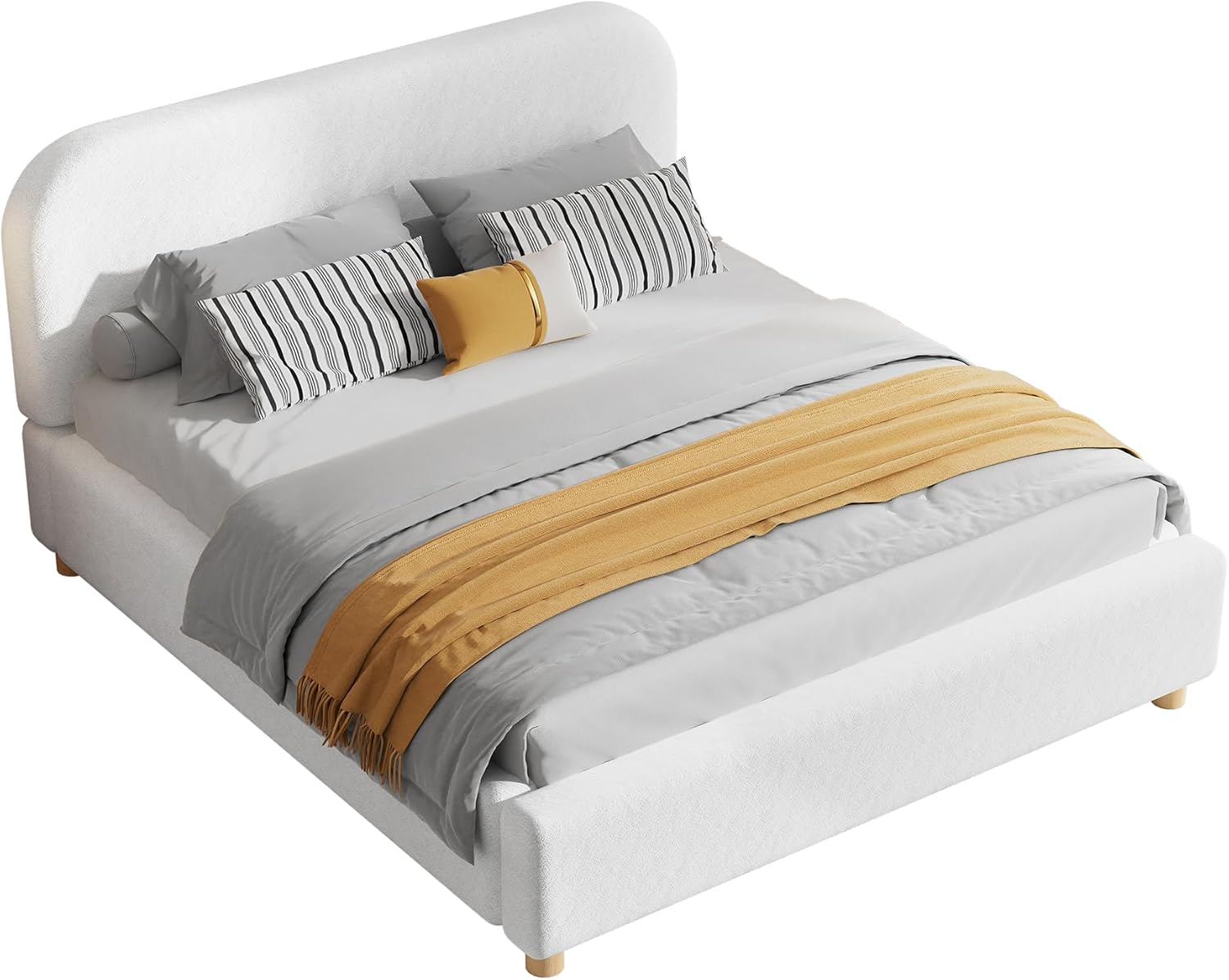 PVWIIK Cloud Boucle King Size Upholstered Platform Bed Frame with Headboard for Bedroom,Guest Room,Near Ground Design Bedstead with Wood Slats Support, Easy Assembly, Beige
