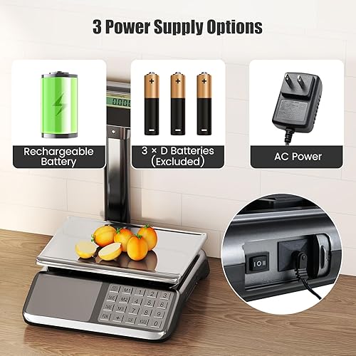 Miniatura 9 de S AFSTAR Báscula de cálculo de precios con pantalla de poste, báscula comercial de alimentos de 88 lb con plataforma de acero inoxidable, batería