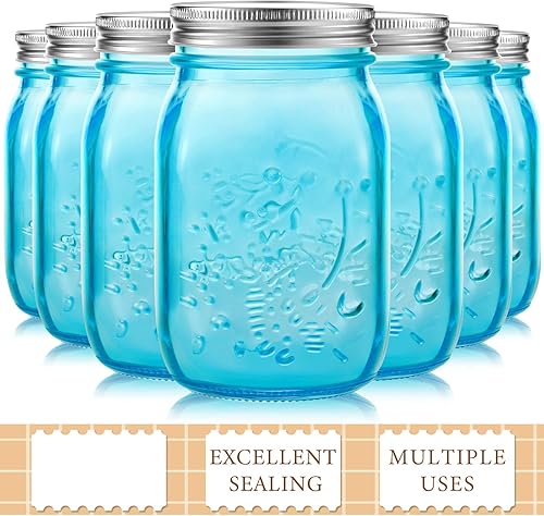 Miniatura 3 de 12 tarros de vidrio de colores de 32 onzas con tapas, tarros de vidrio de boca ancha para conservas, tarros Mason no permitidos para lavavajillas