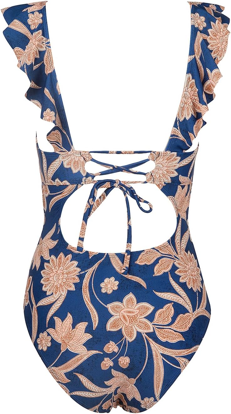 CUPSHE Women's One Piece Swimsuit V Neck Bathing Suit Ruched Tummy | Ruched Waist, Ruffled Trim, Removable Soft Cups, Back Tie Closure, Adjustable Lace Up, Cutout, Standard Coverage