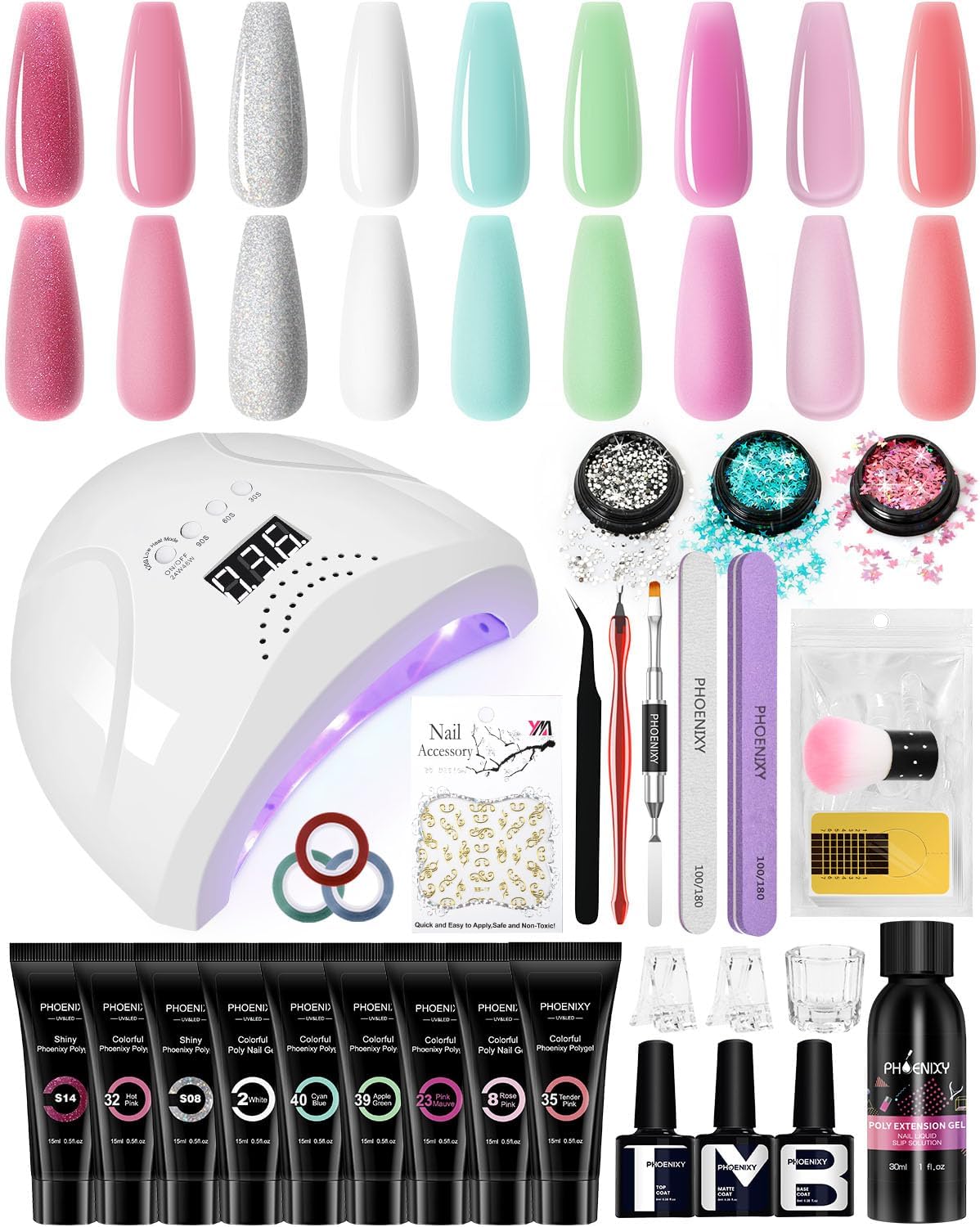 Phoenixy Poly Nail Gel Kit, 9 Colors Gel Nail Kit with 48W LED U V Nail Lamp Slip Solution Manicure Tools Red Pink Blue Green White Glitter Nail Extension Kit Starter Kit Gifts for Women
