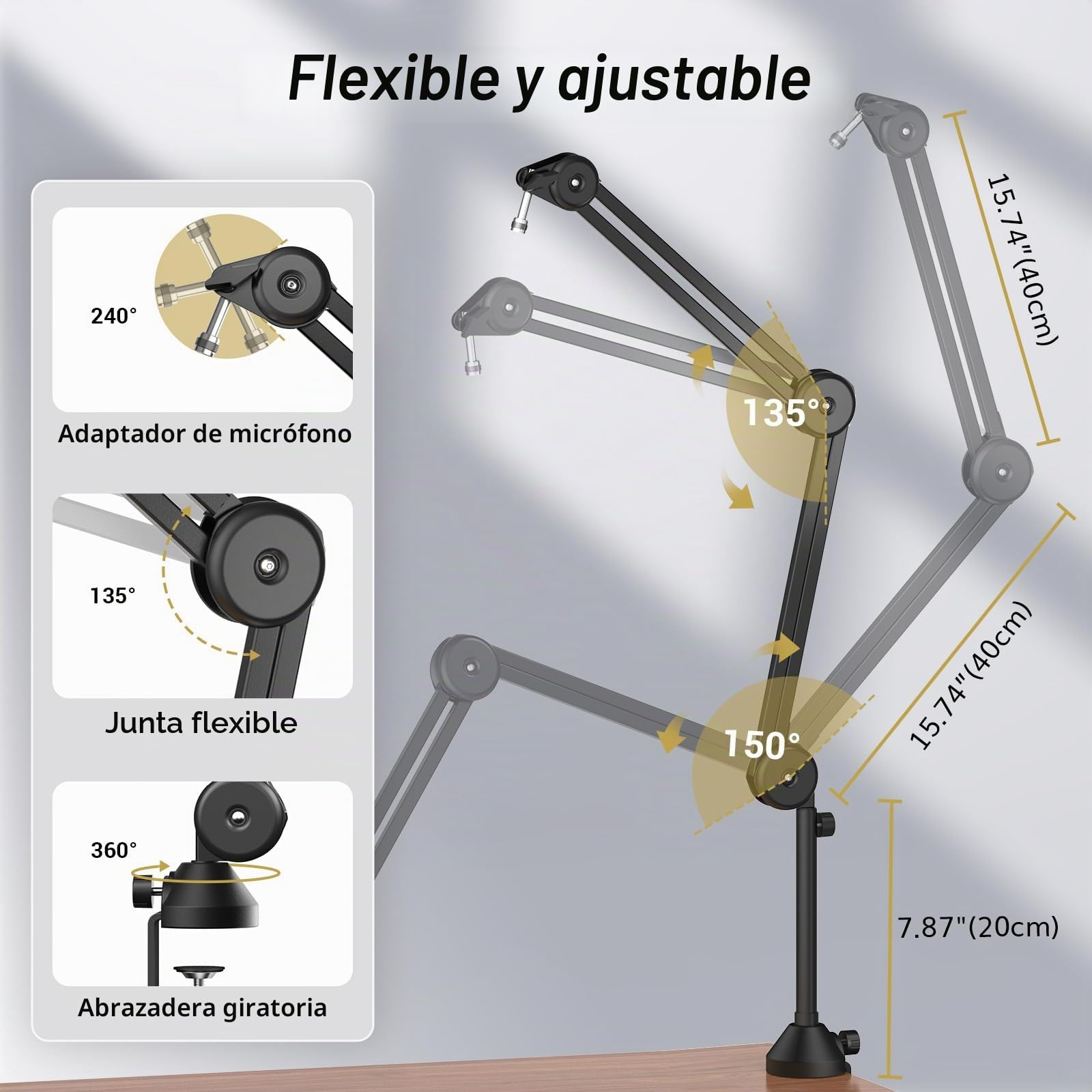 TONOR Micrófono Boom Arm, Mic Soporte de Escritorio con Alto Riser para, Totalmente Ajustable para Podcasts, Streaming, Gaming, Oficina en Casa, Grabación, 40 cm +40 cm, 20 cm extra alto, T50