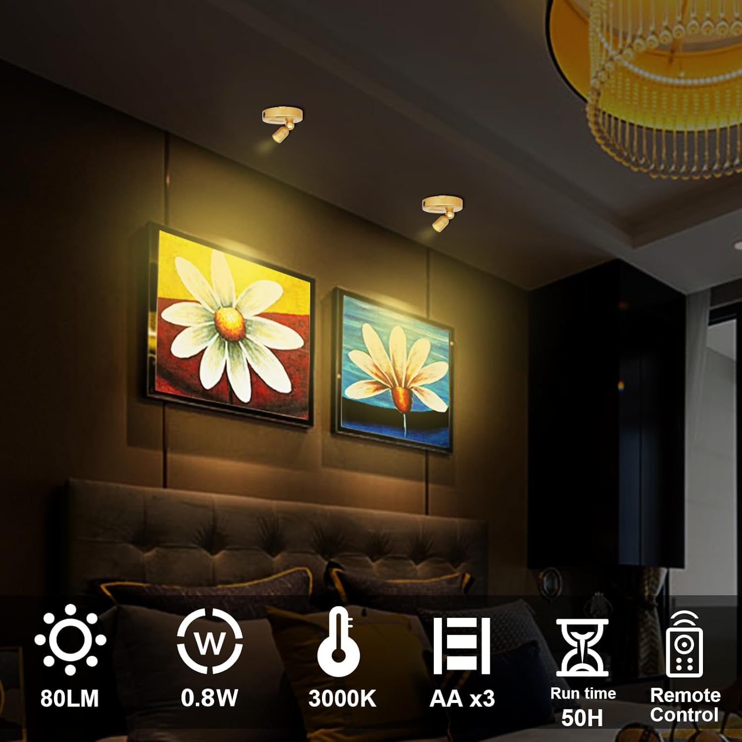 Indoor Spotlight, Battery Operated Spotlights with Remote, Picture Lights for Wall, Plant Tree Spotlight with Timer, Up Lights for Art Display Dartboard Painting Artwork Accent Frames-Gold