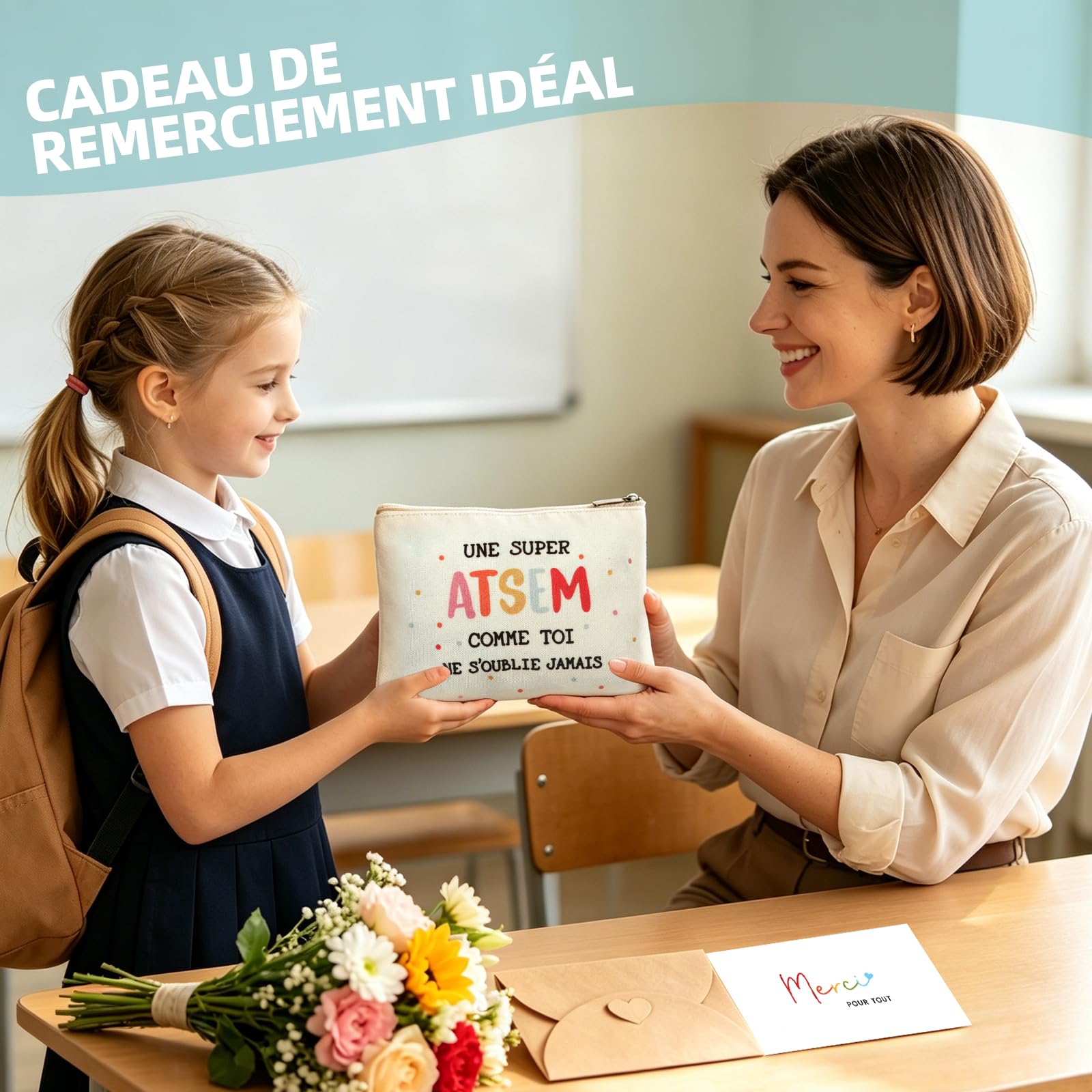 Sac en toile imprimé français pour enseignants, carte de remerciement, Journée des enseignants