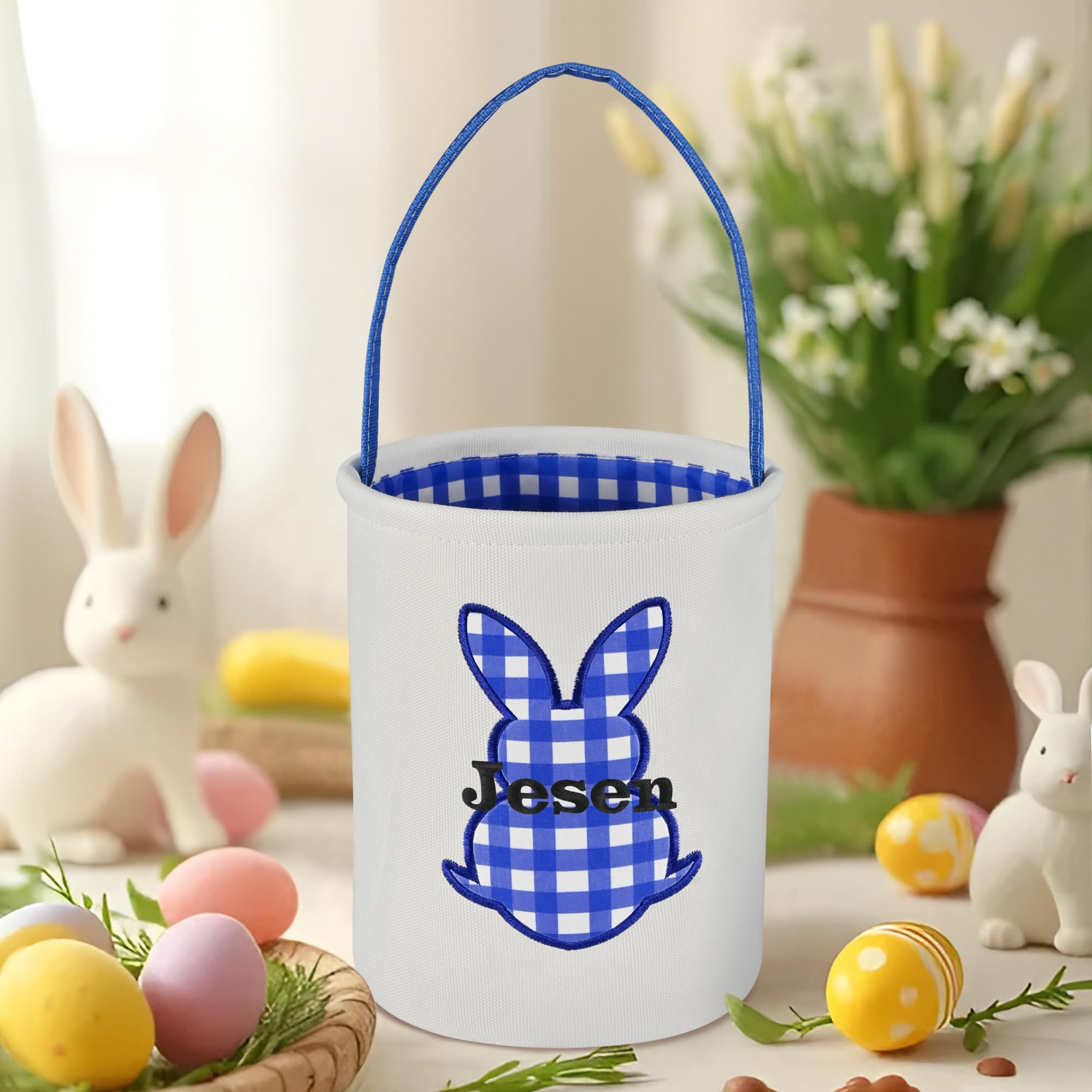 Easter Basket for Kids, VAPCUFF Easter Bunny Basket, Personalized Easter Baskets, Easter Basket with Name - - Blue Grid Bunny