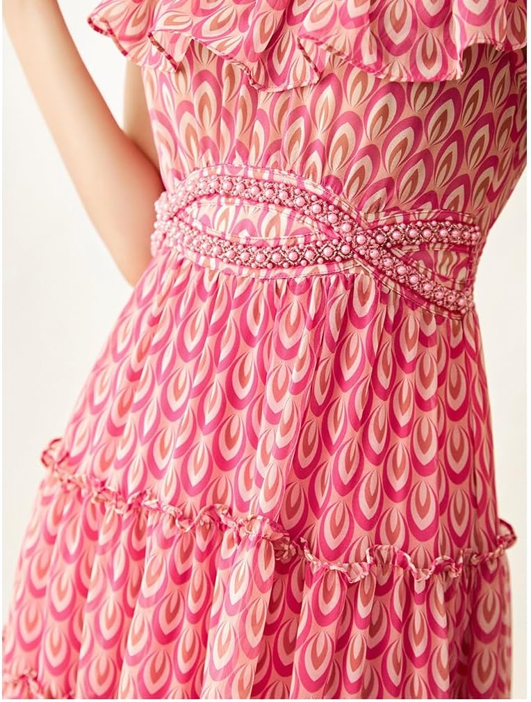JSEIAJB Gentle Ladies Standing Neck Waist Heavy Work Nailed Bead Mid Length Dress for Women