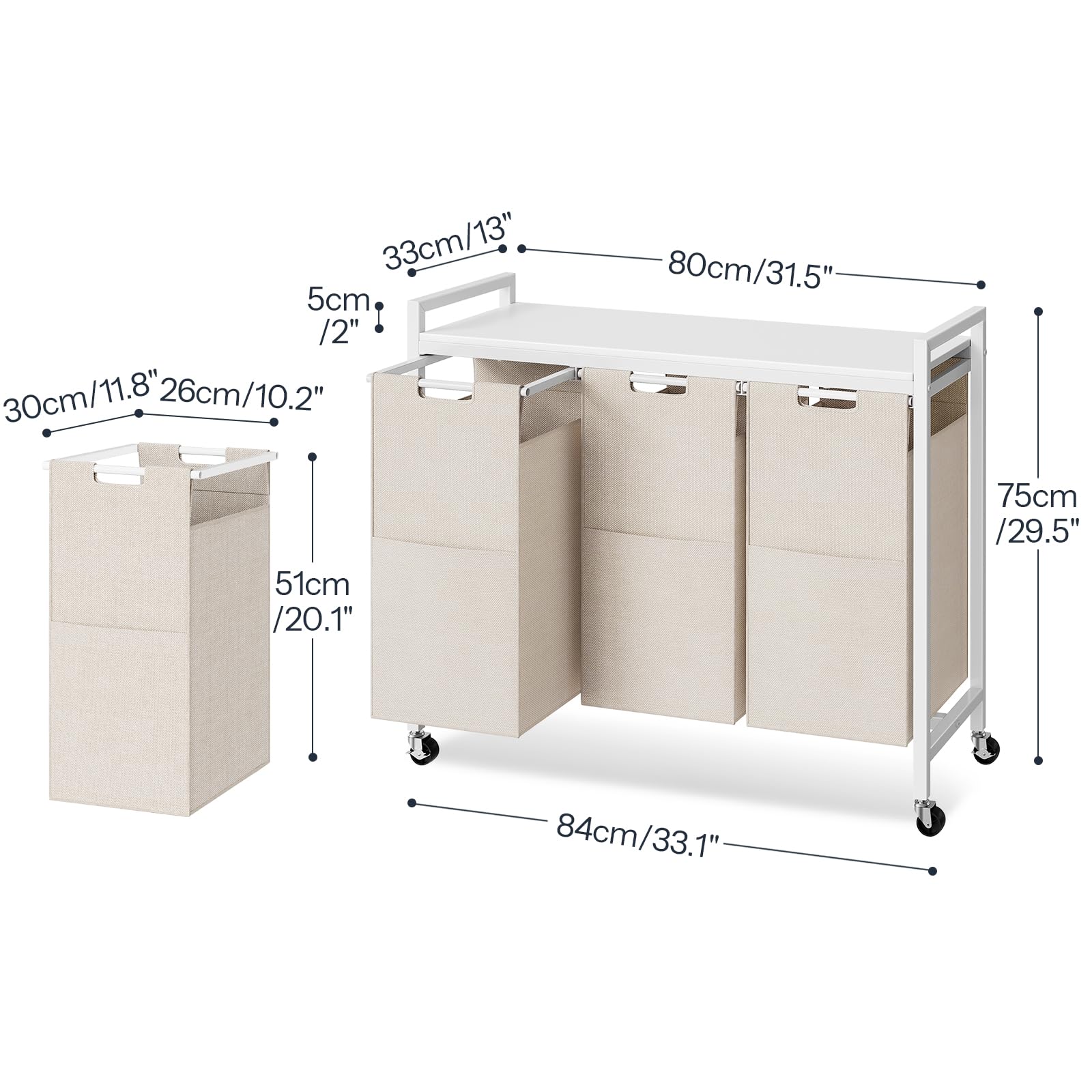 HOOBRO Cesto para Ropa Sucia, Cesta Colada con 3 Bolsas Extraíbles, Carro de Lavandería, 3 x 39,8 L, 84 x 33 x 74, 5 cm, para Lavadero, Baño, Blanco y Gris EWG38XY01G1