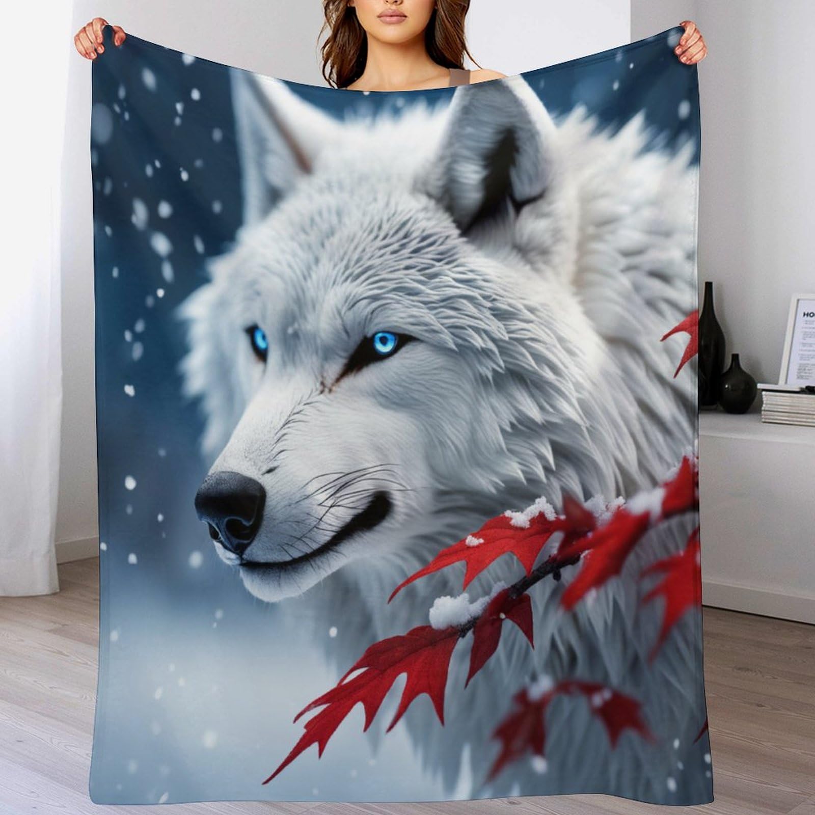 Couverture polaire flannel motif loup au fini moelleux et chaud