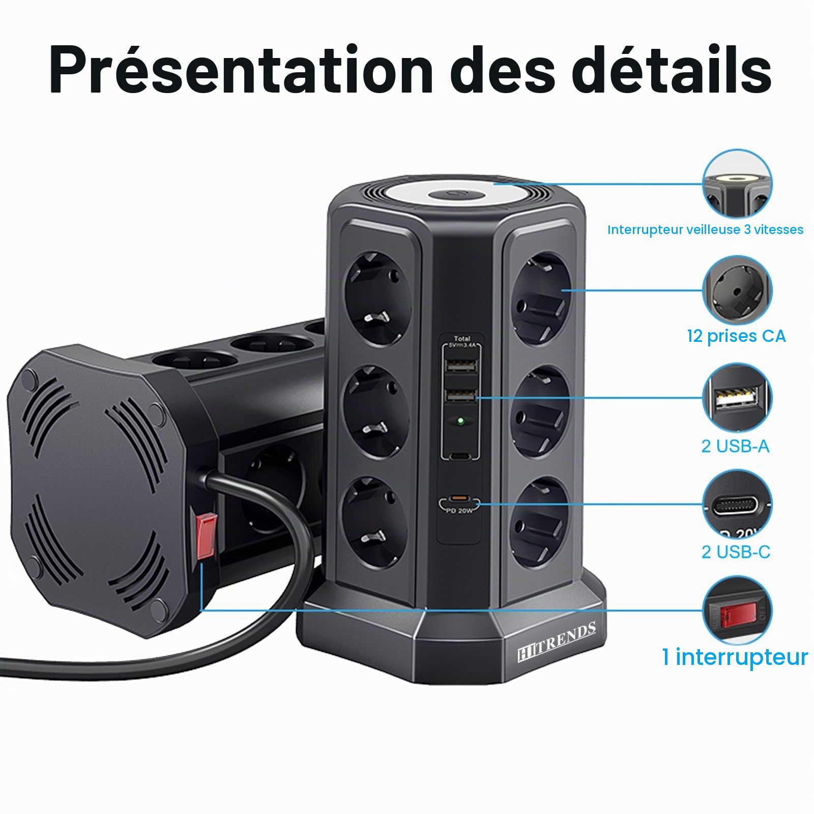 Tour de prise, 12 prises, 4000 W, protection contre les surtensions, prise de table avec 2 ports USB A+ 2 USB C (PD 20 W), prise de distribution de 1,8 m avec veilleuse réglable, noire