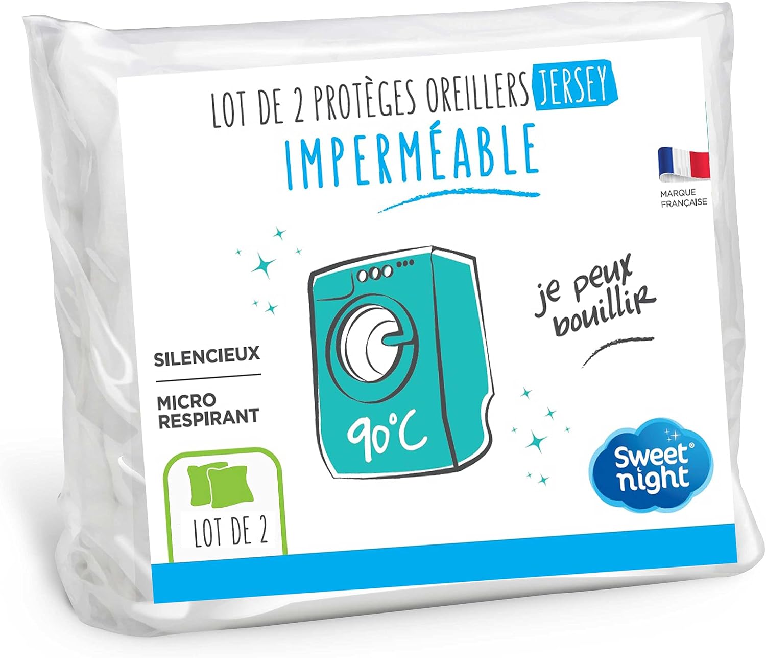 SWEET NIGHT Axel Pack of 2 protèges-oreillers Waterproof Jersey Polyester Washable at 90 °C Jersey, White, 50 x 70 cm